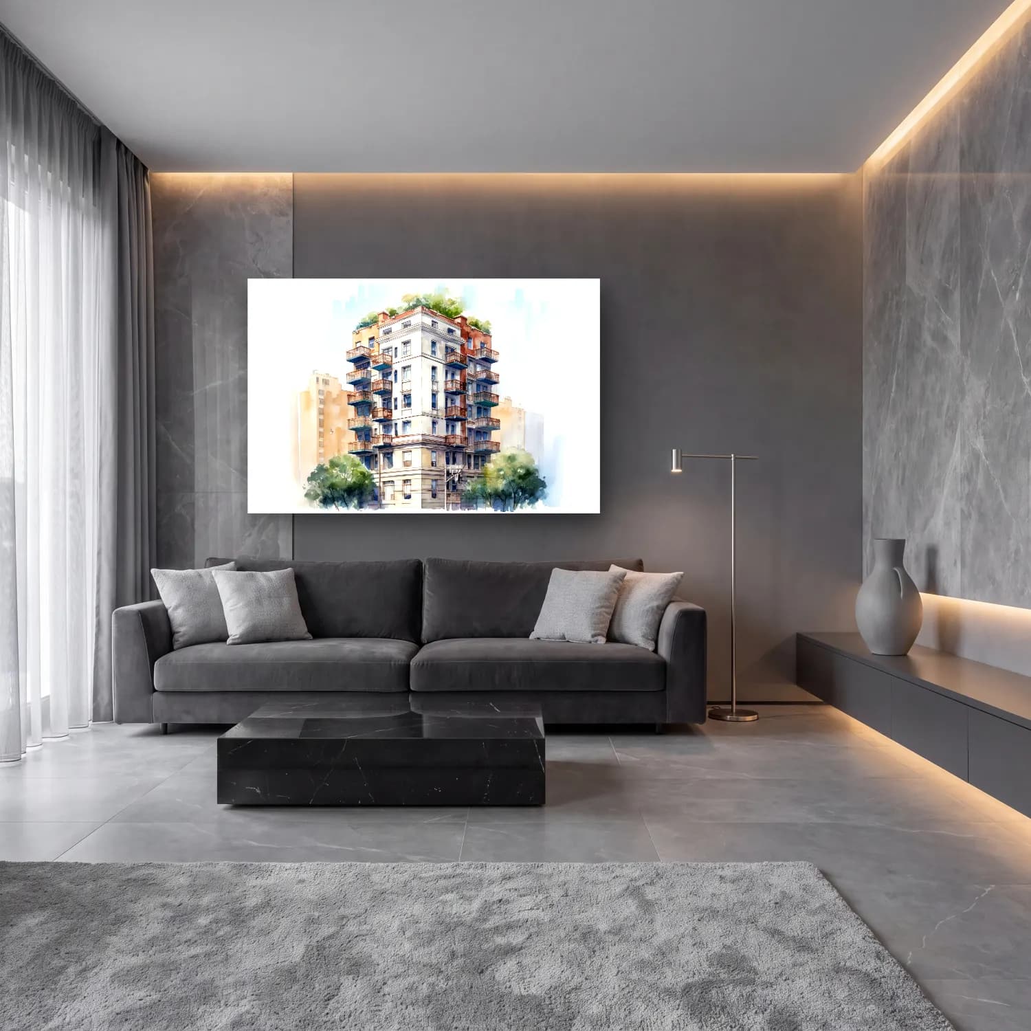 Suluboya New York Silüeti No. 2 cam tablo — lüks salon duvarında