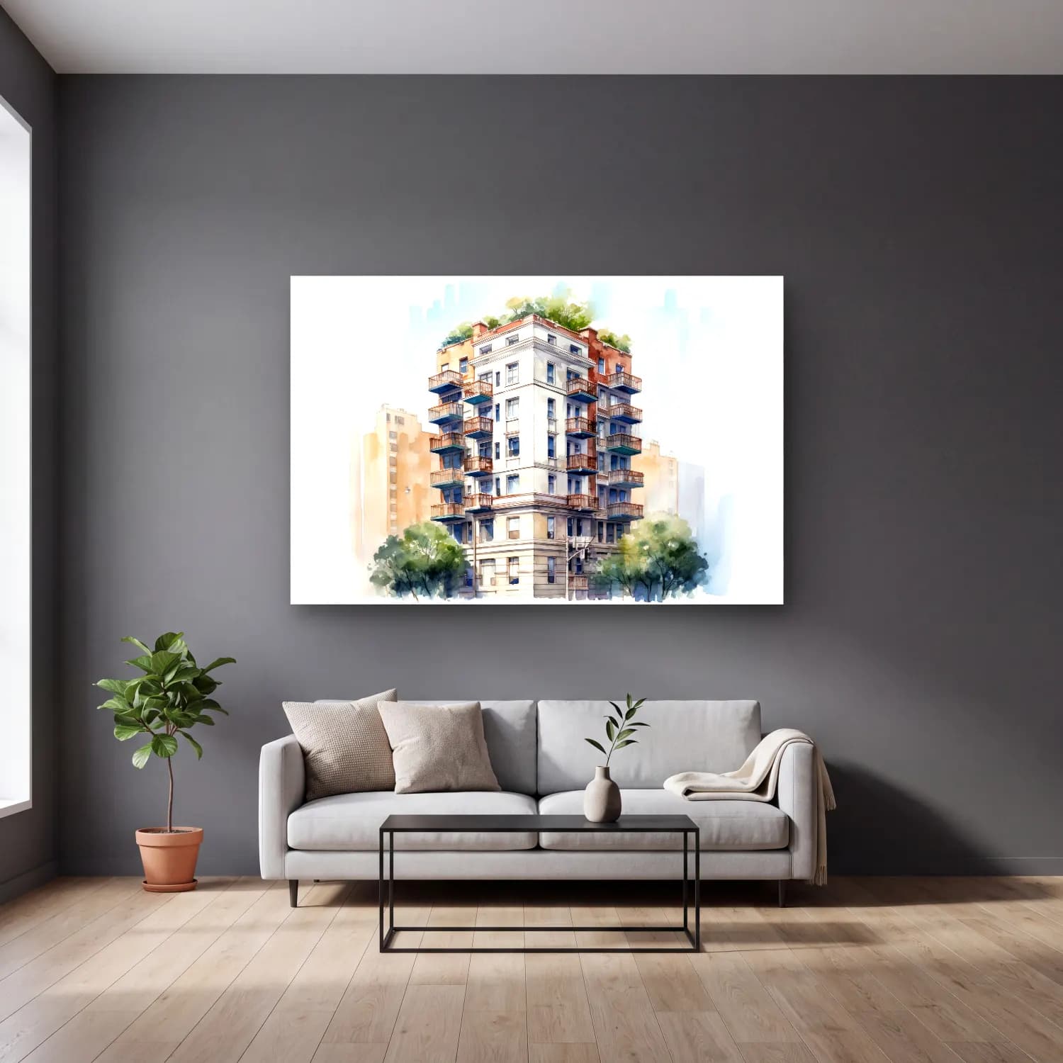 Suluboya New York Silüeti No. 2 cam tablo — gri duvarlı salonda