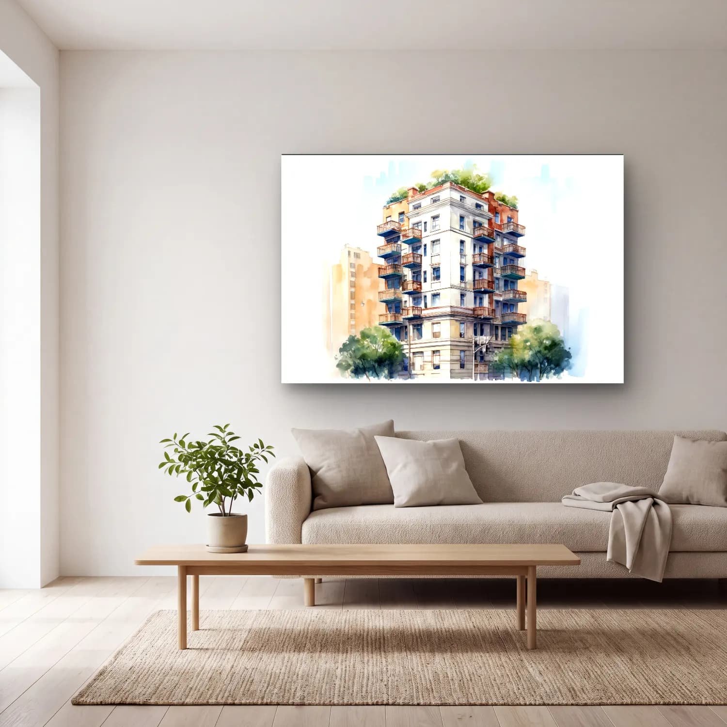 Suluboya New York Silüeti No. 2 cam tablo — açık renk salonda