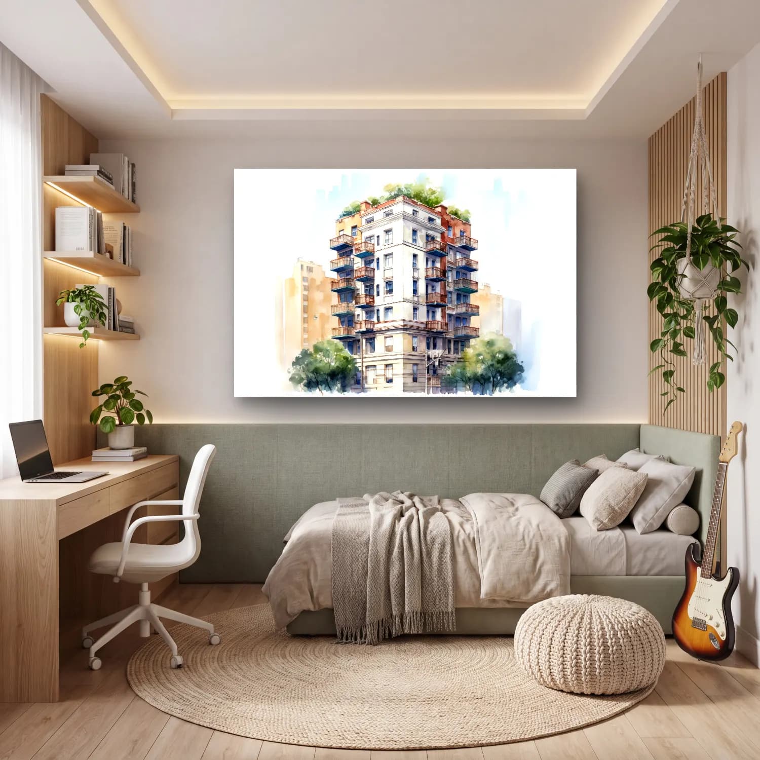 Suluboya New York Silüeti No. 2 cam tablo — genç odasında