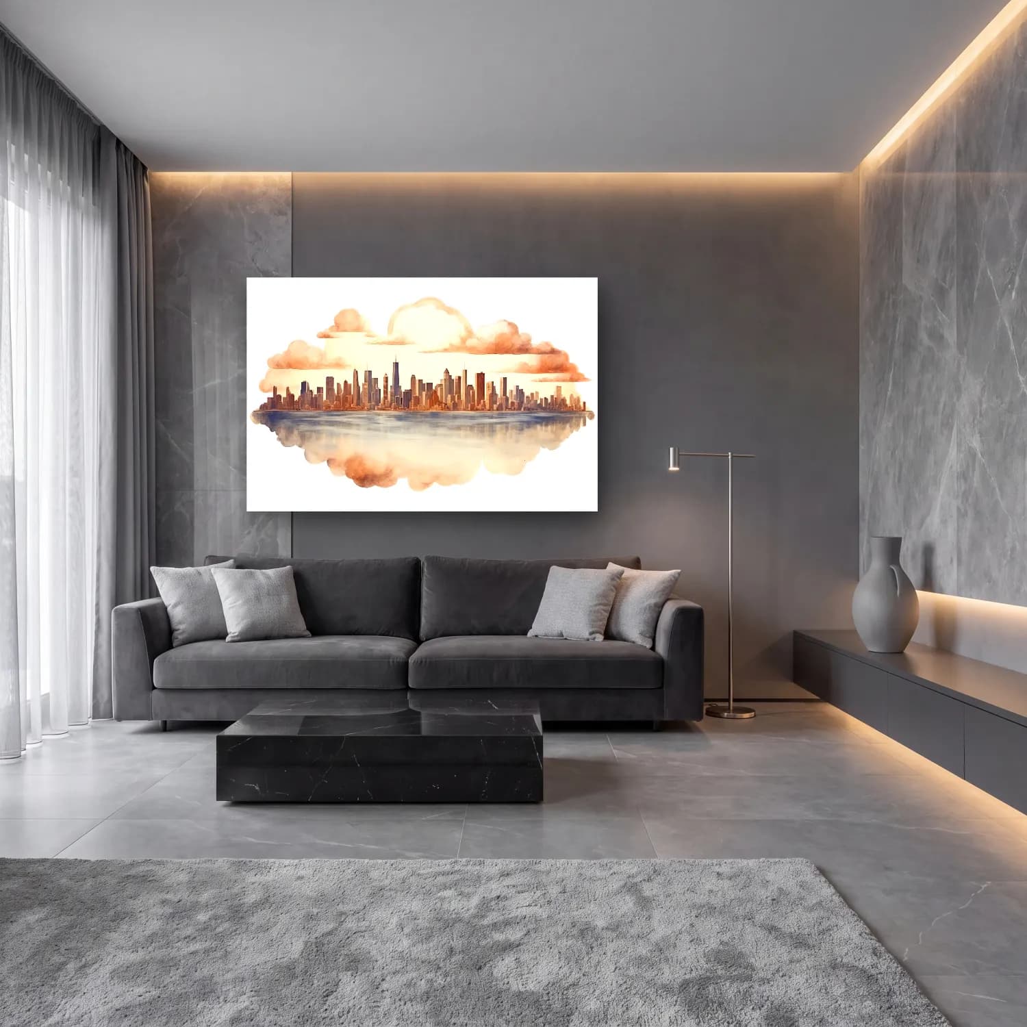 Suluboya New York Silüeti – Bej Tonlar cam tablo — lüks salon duvarında