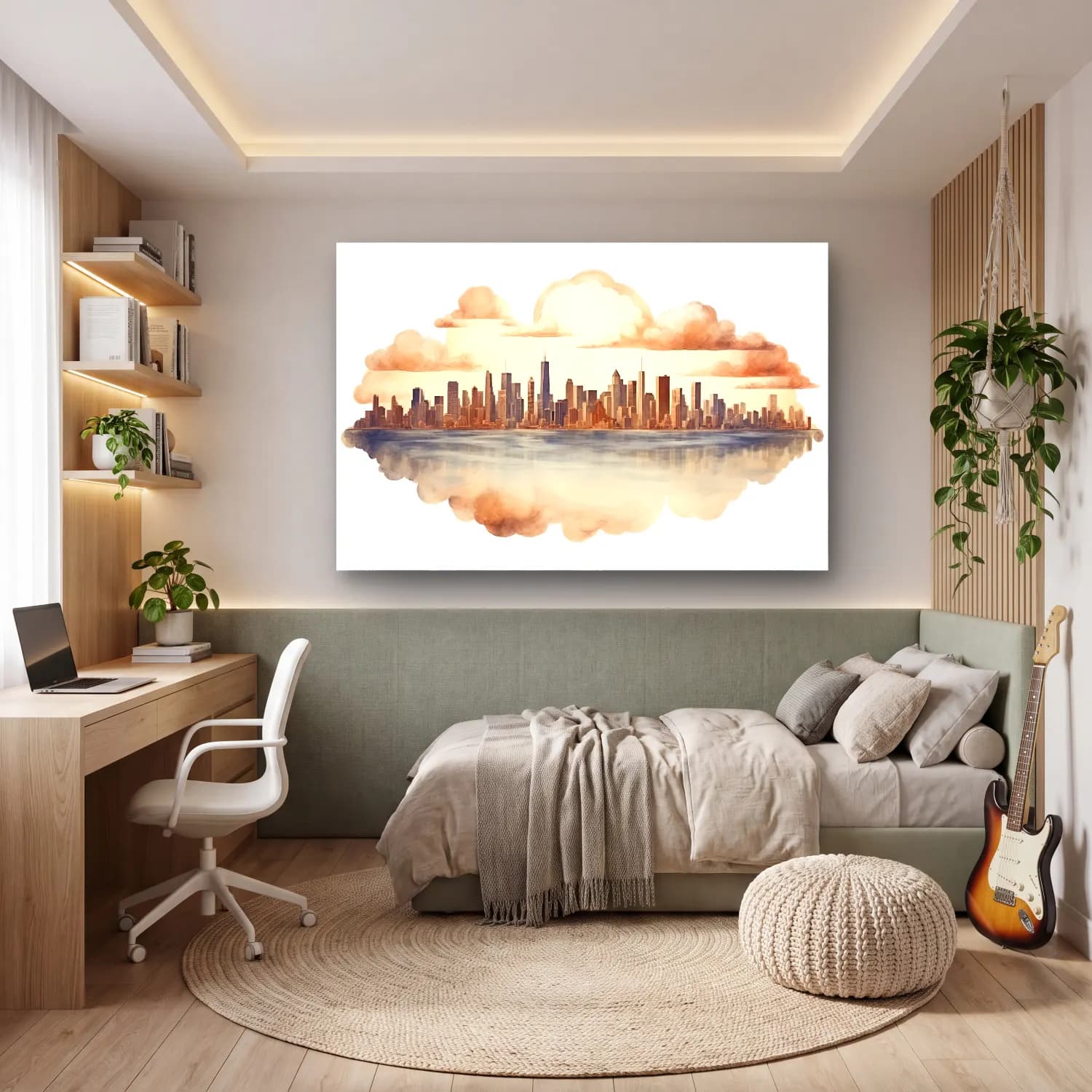 Suluboya New York Silüeti – Bej Tonlar cam tablo — genç odasında