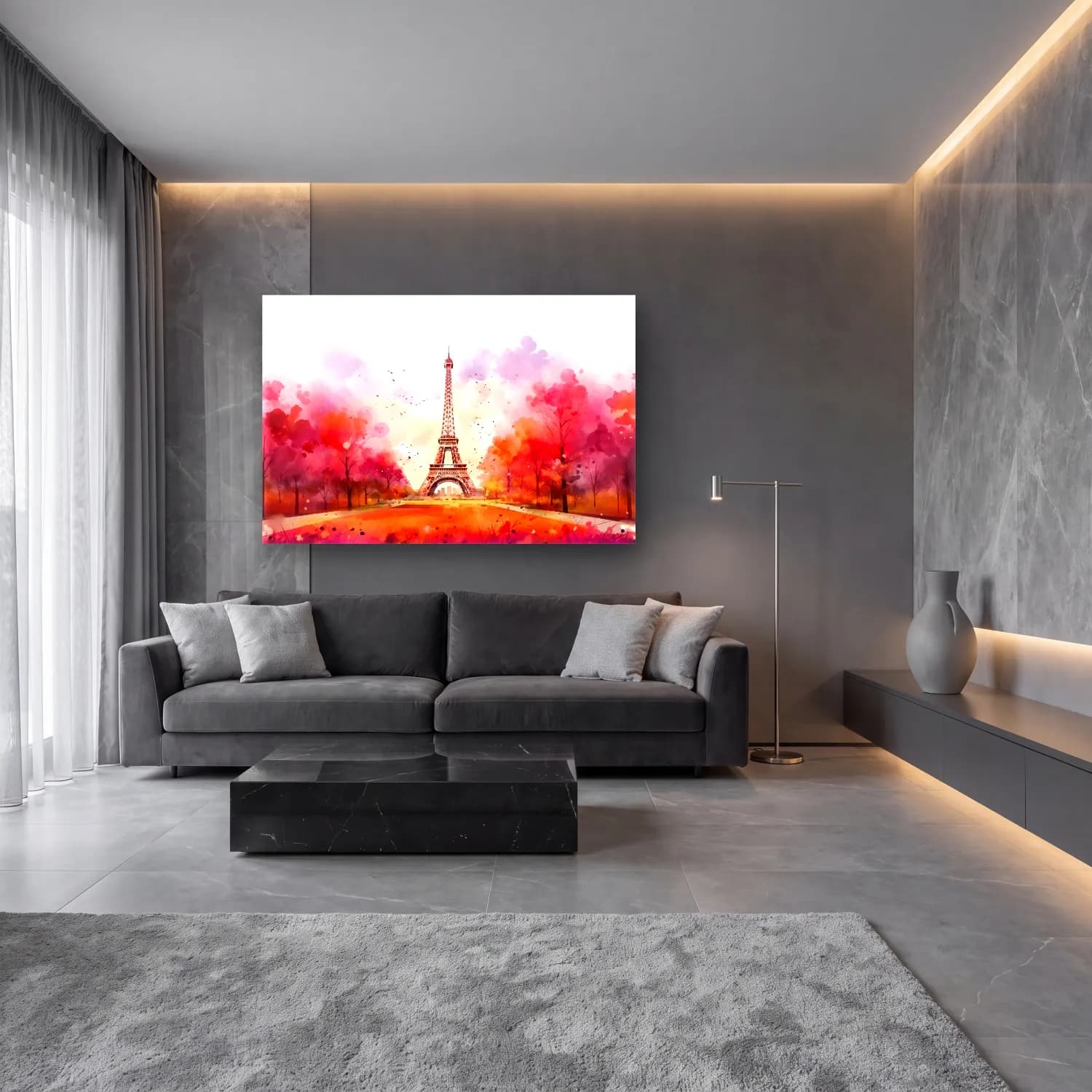 Suluboya Paris ve Eyfel Kulesi – Turuncu Tonlar cam tablo — lüks salon duvarında