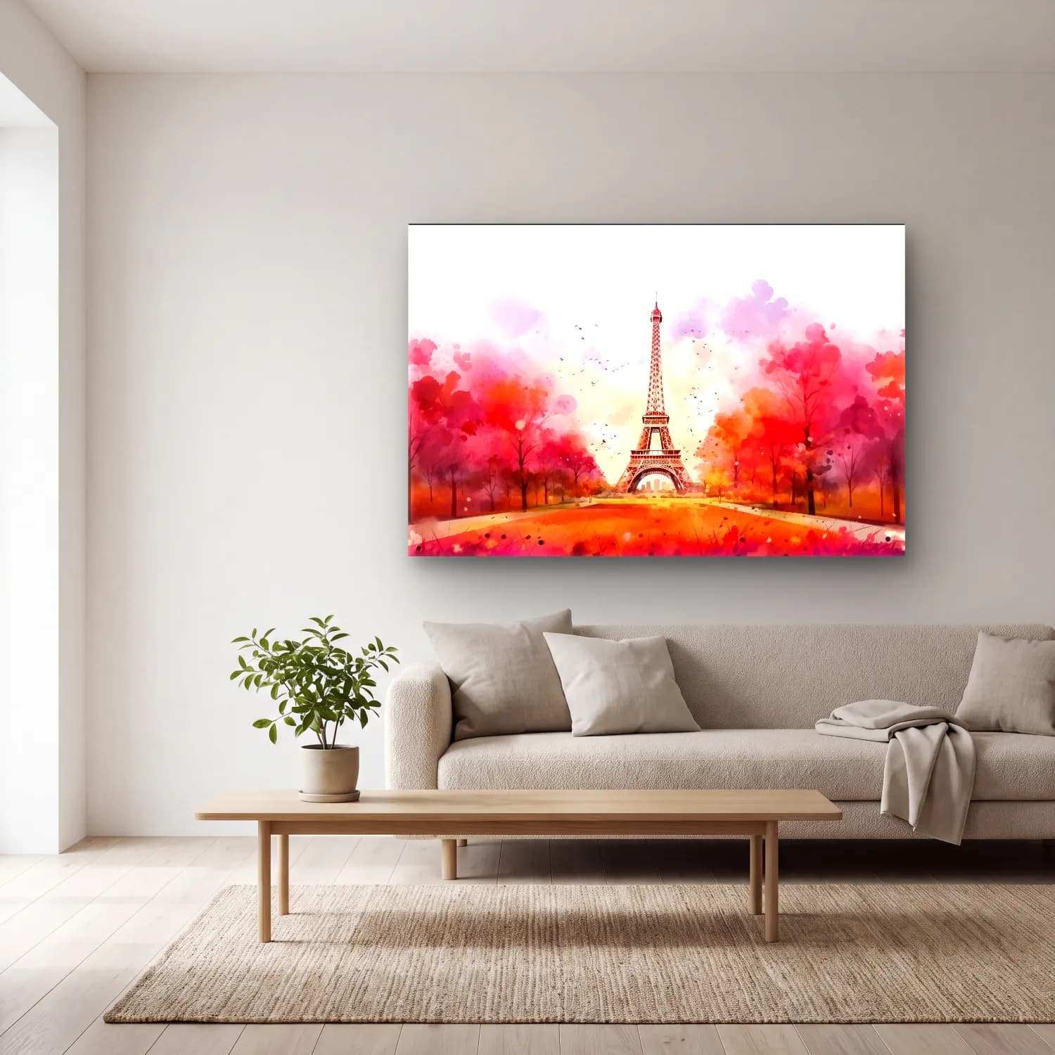 Suluboya Paris ve Eyfel Kulesi – Turuncu Tonlar cam tablo — açık renk salonda
