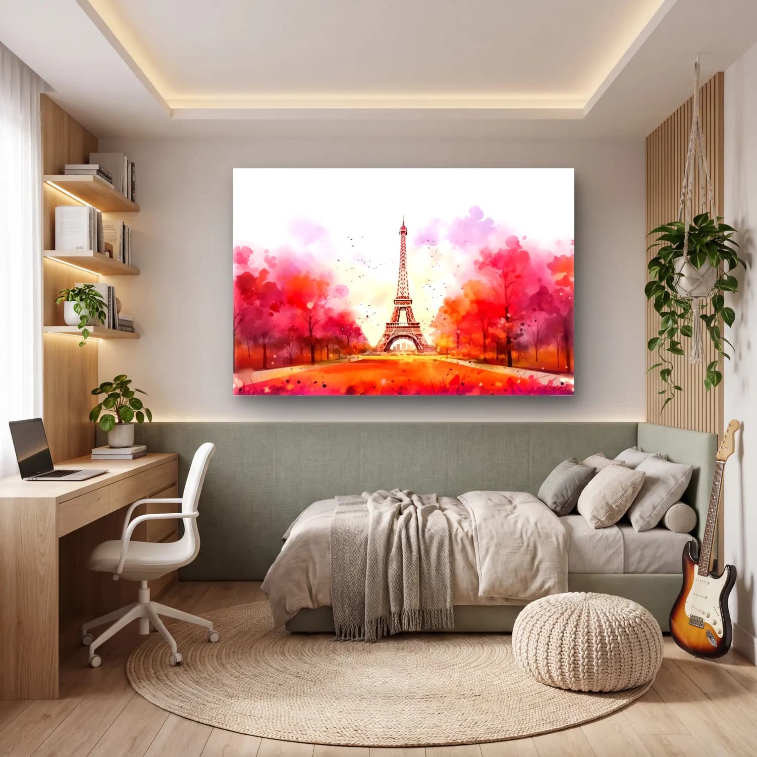 Suluboya Paris ve Eyfel Kulesi – Turuncu Tonlar cam tablo — genç odasında