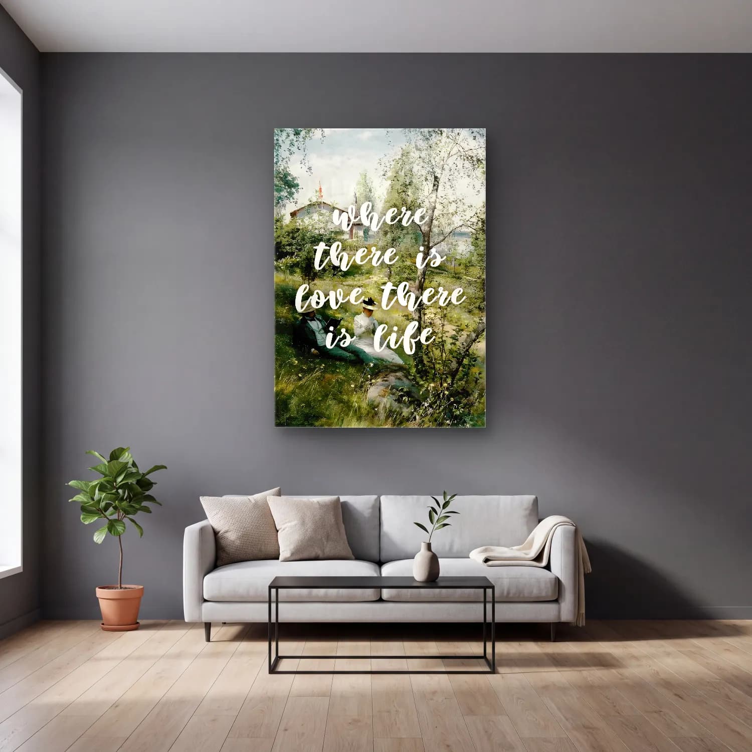Pastel Söz Posteri No. 5 cam tablo — gri duvarlı salonda