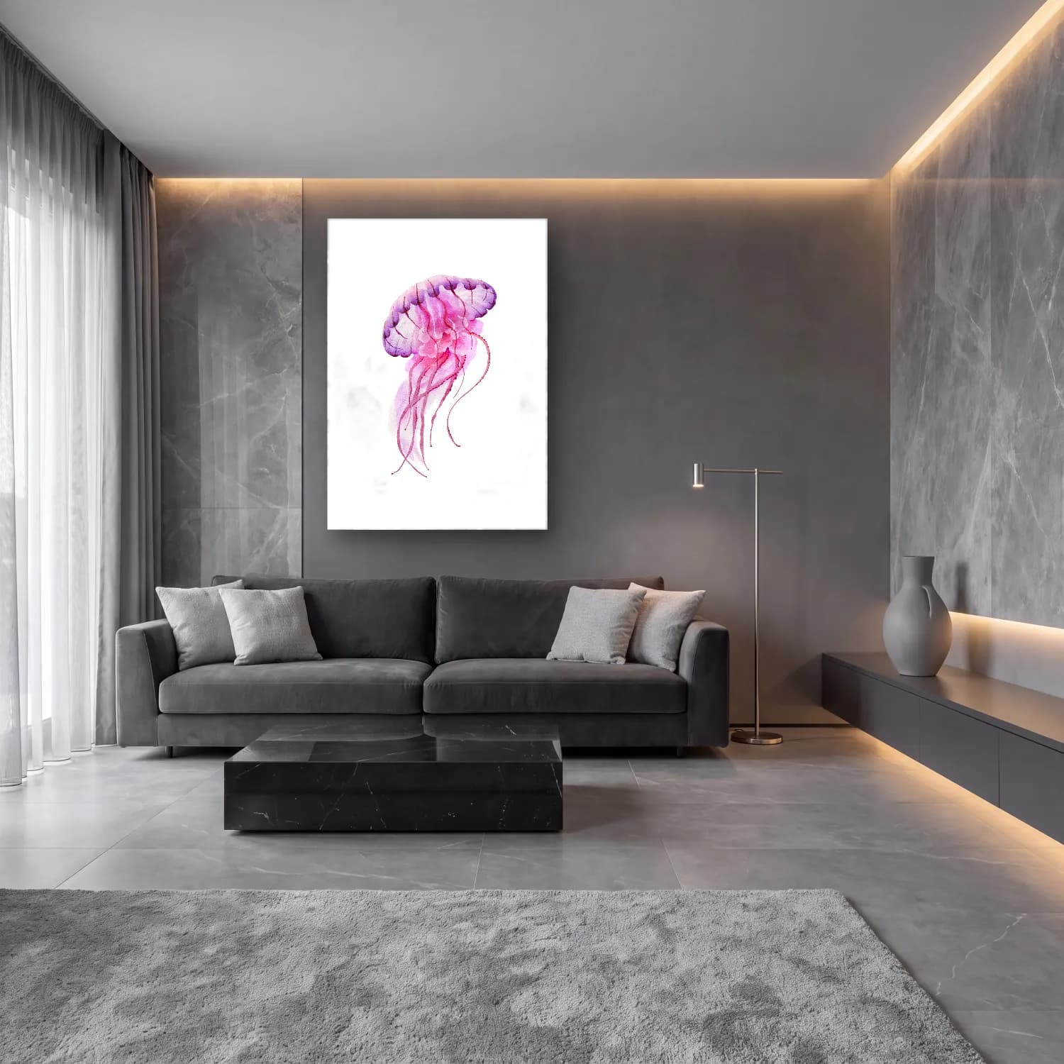 Suluboya Denizanası – Pembe Tonlar cam tablo — lüks salon duvarında