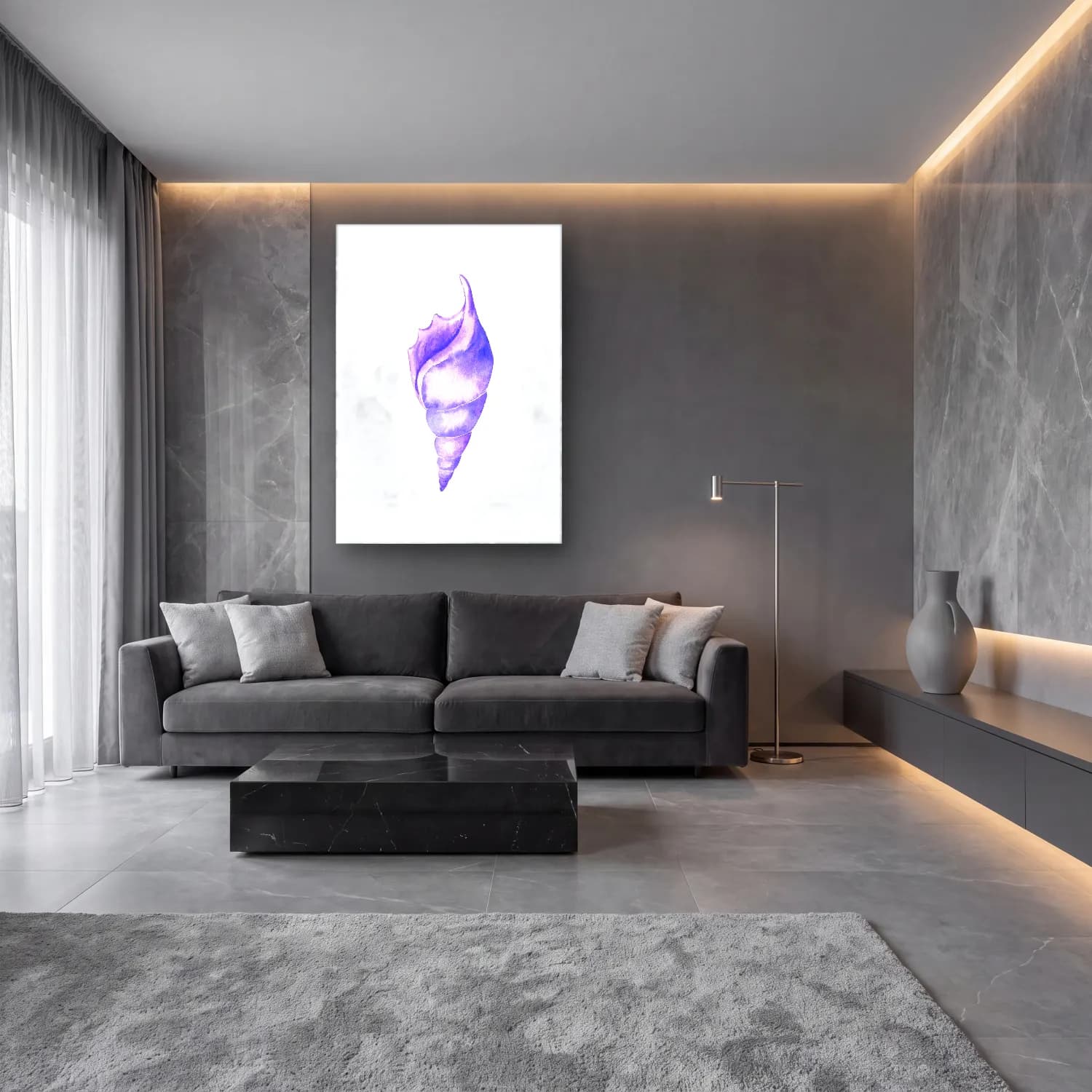 Suluboya Deniz Kabukları – Mor Tonlar cam tablo — lüks salon duvarında