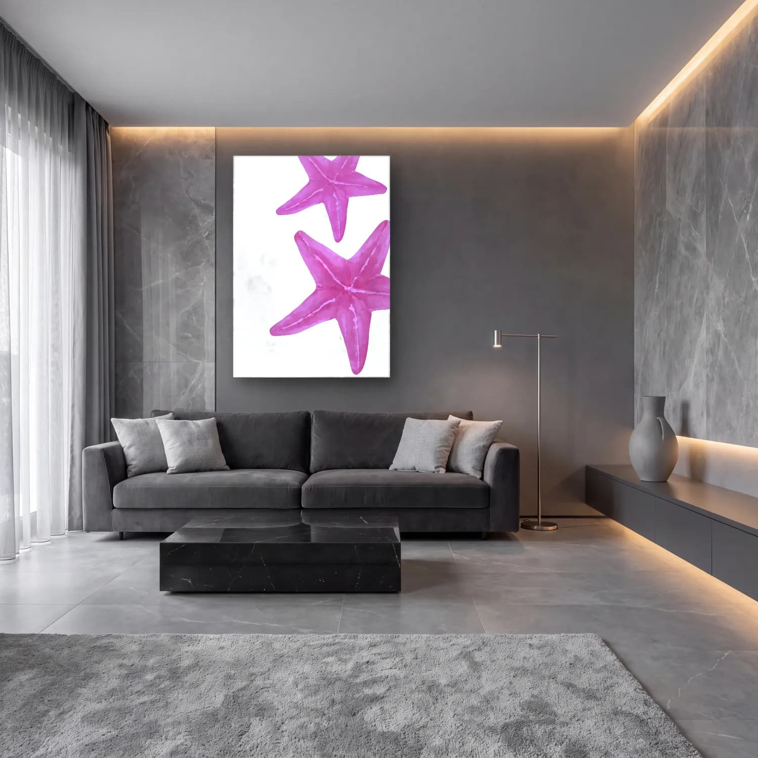 Suluboya Deniz Kabukları – Pembe Tonlar cam tablo — lüks salon duvarında