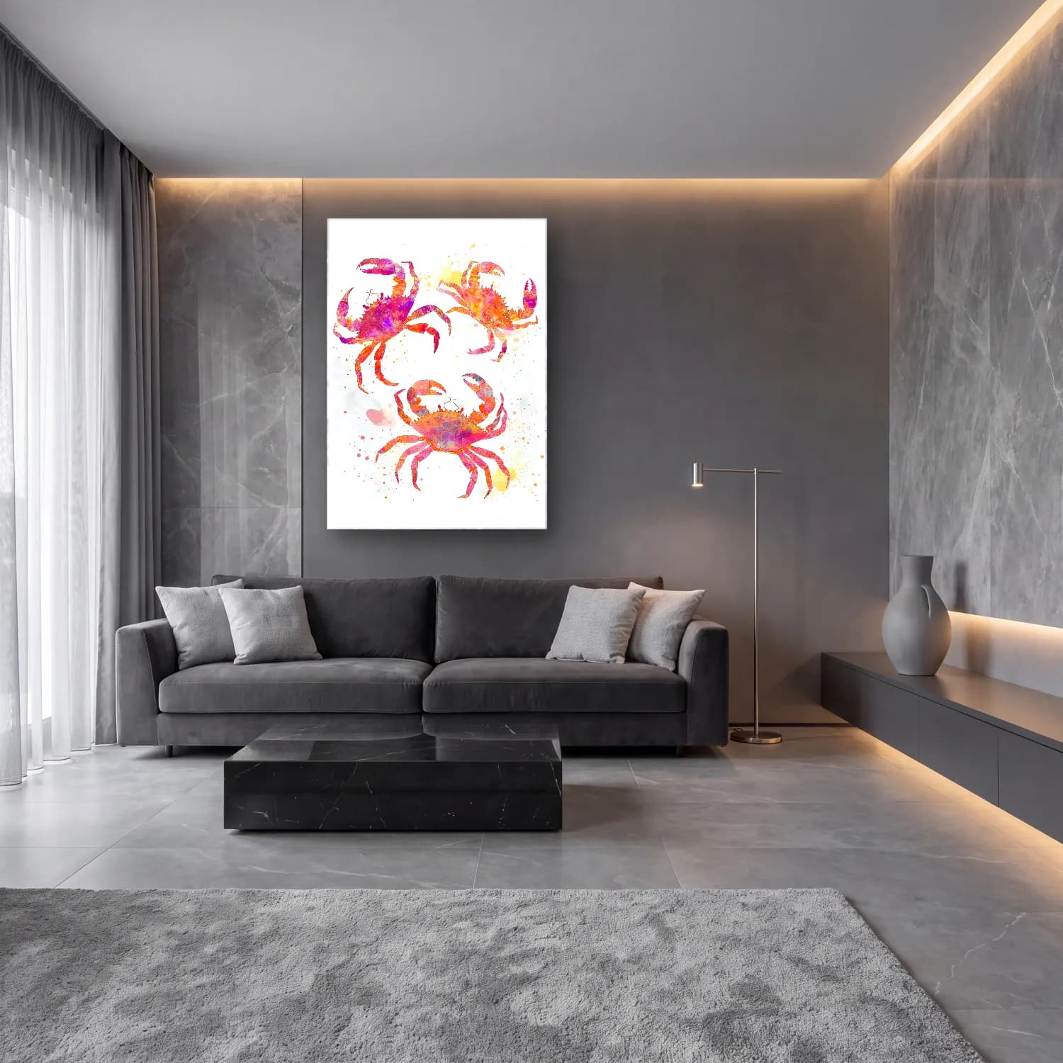 Suluboya Yengeç – Pembe Tonlar cam tablo — lüks salon duvarında