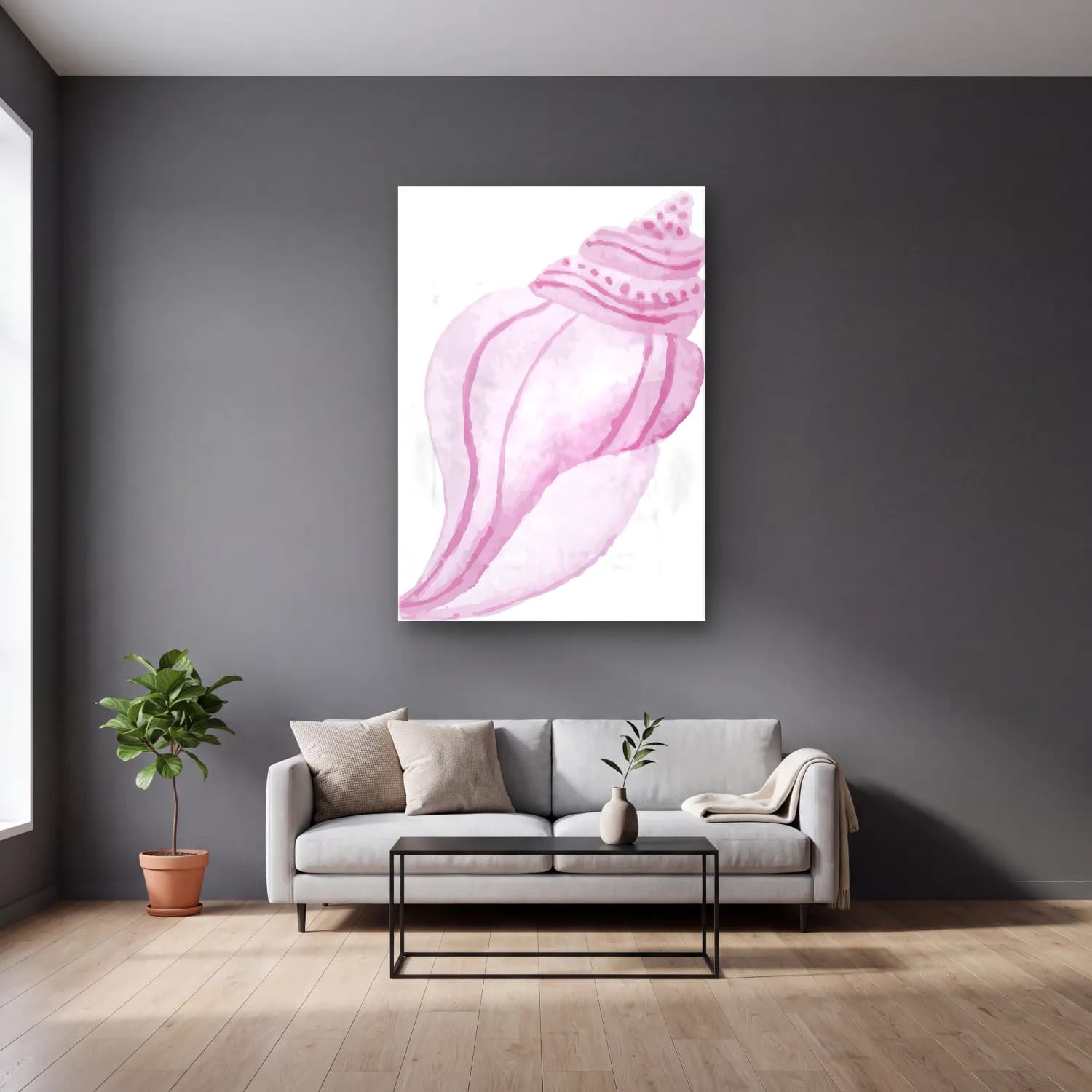 Pastel Deniz Kabukları No. 20 cam tablo — gri duvarlı salonda