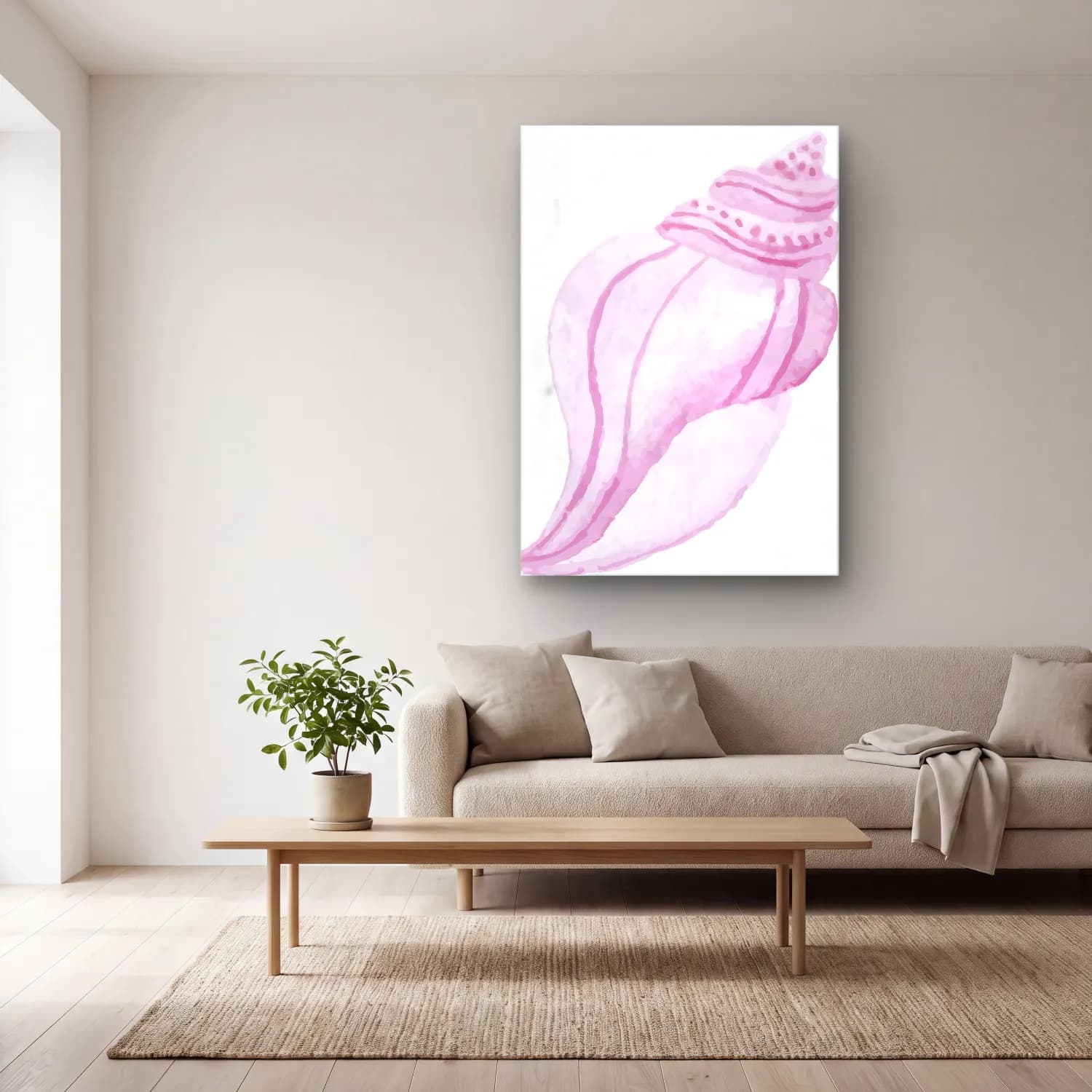 Pastel Deniz Kabukları No. 20 cam tablo — açık renk salonda