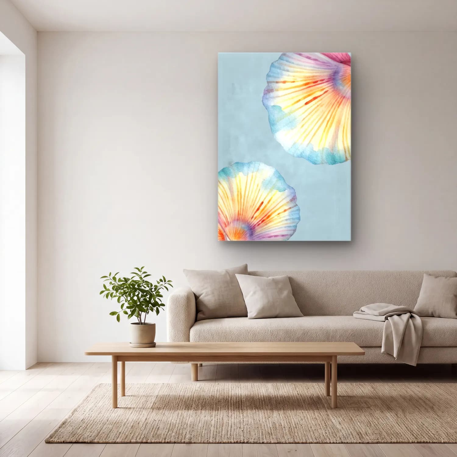 Pastel Deniz Kabukları No. 22 cam tablo — açık renk salonda