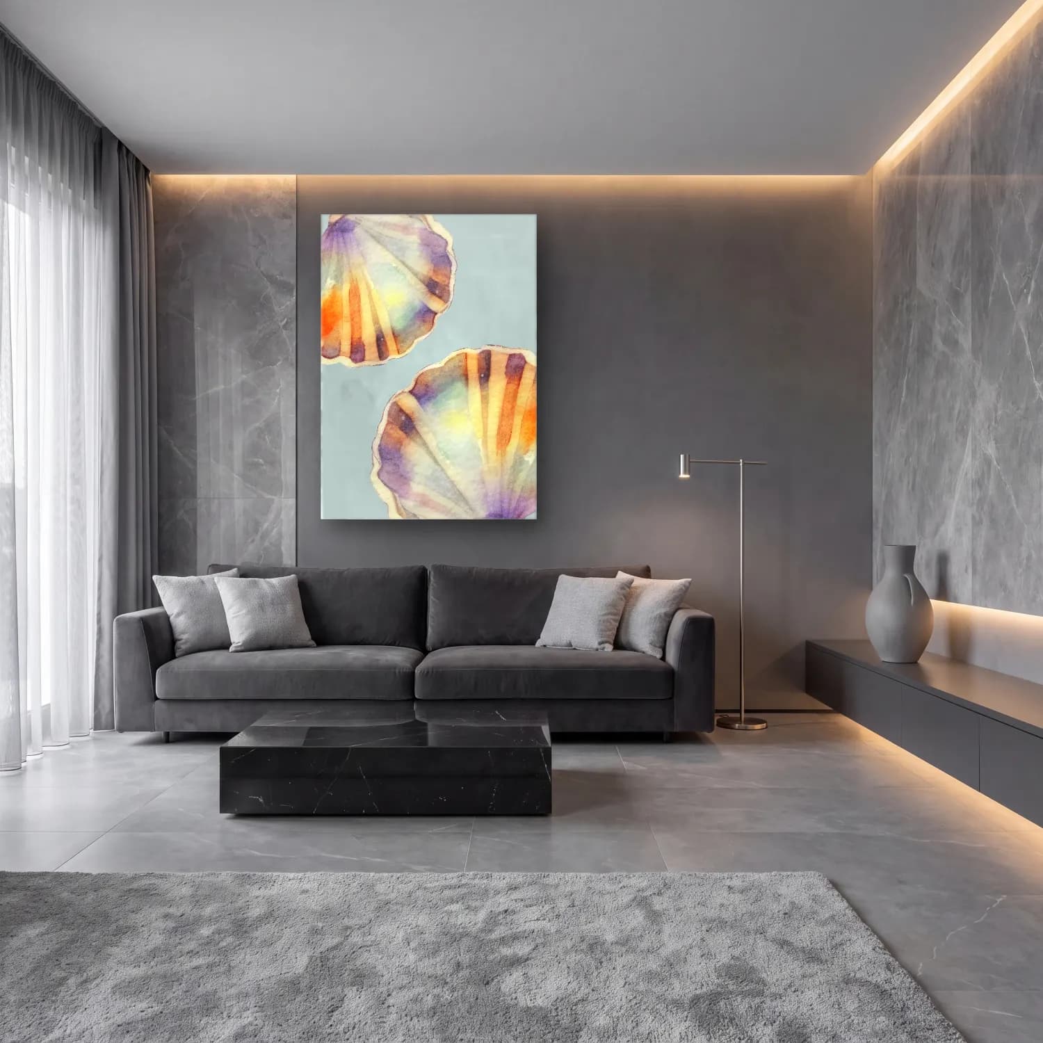 Boho Deniz Kabukları – Pastel Tonlar cam tablo — lüks salon duvarında