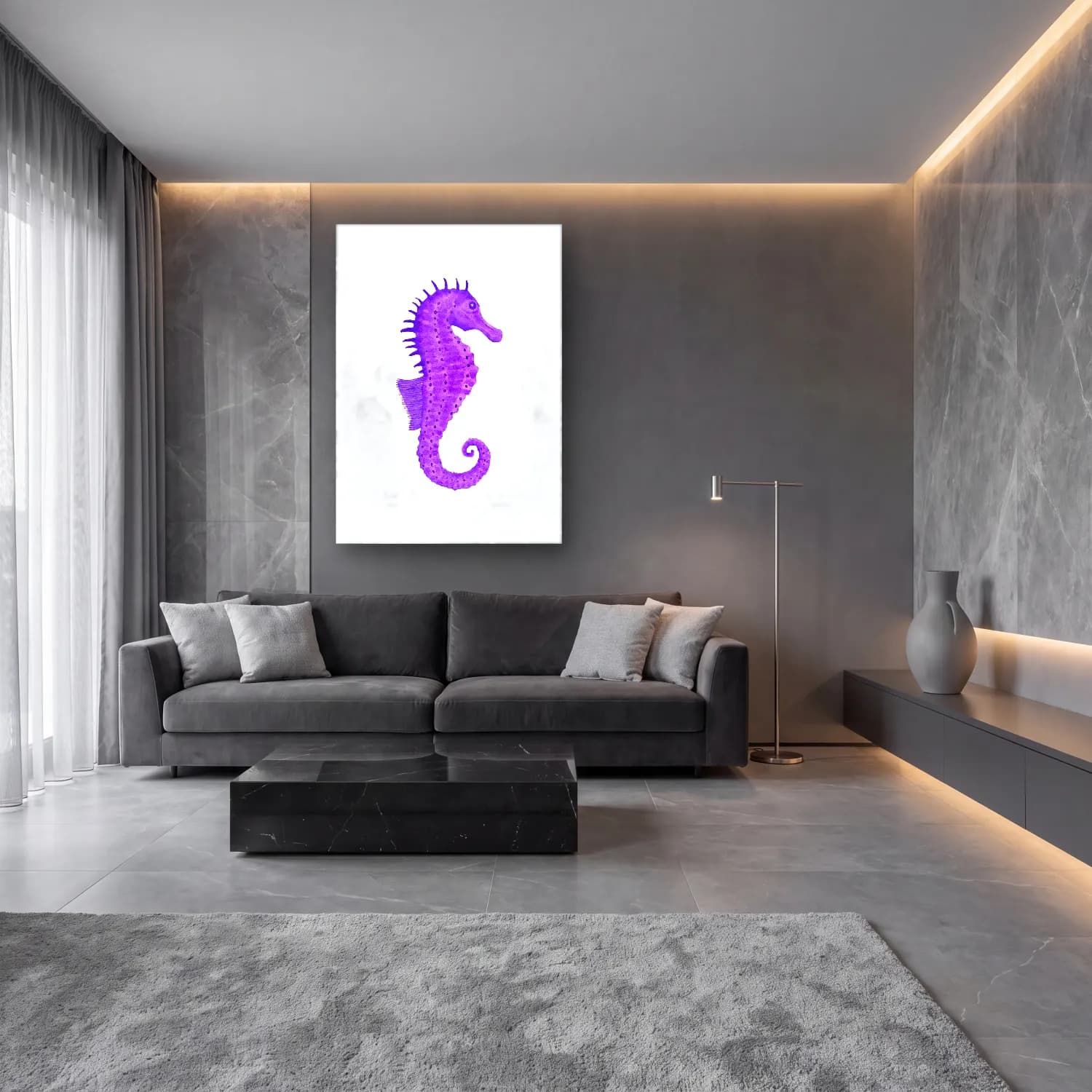 Suluboya Balık – Mor Tonlar cam tablo — lüks salon duvarında