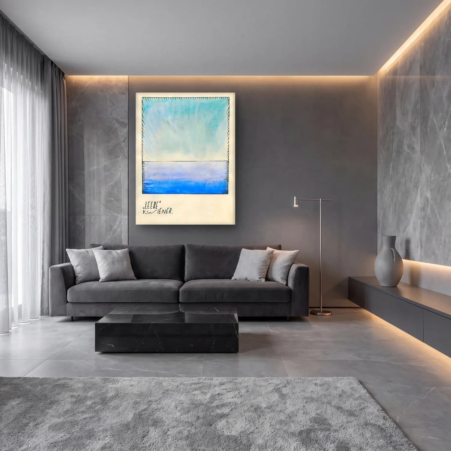 Bauhaus Sakin Deniz Ufku cam tablo — lüks salon duvarında