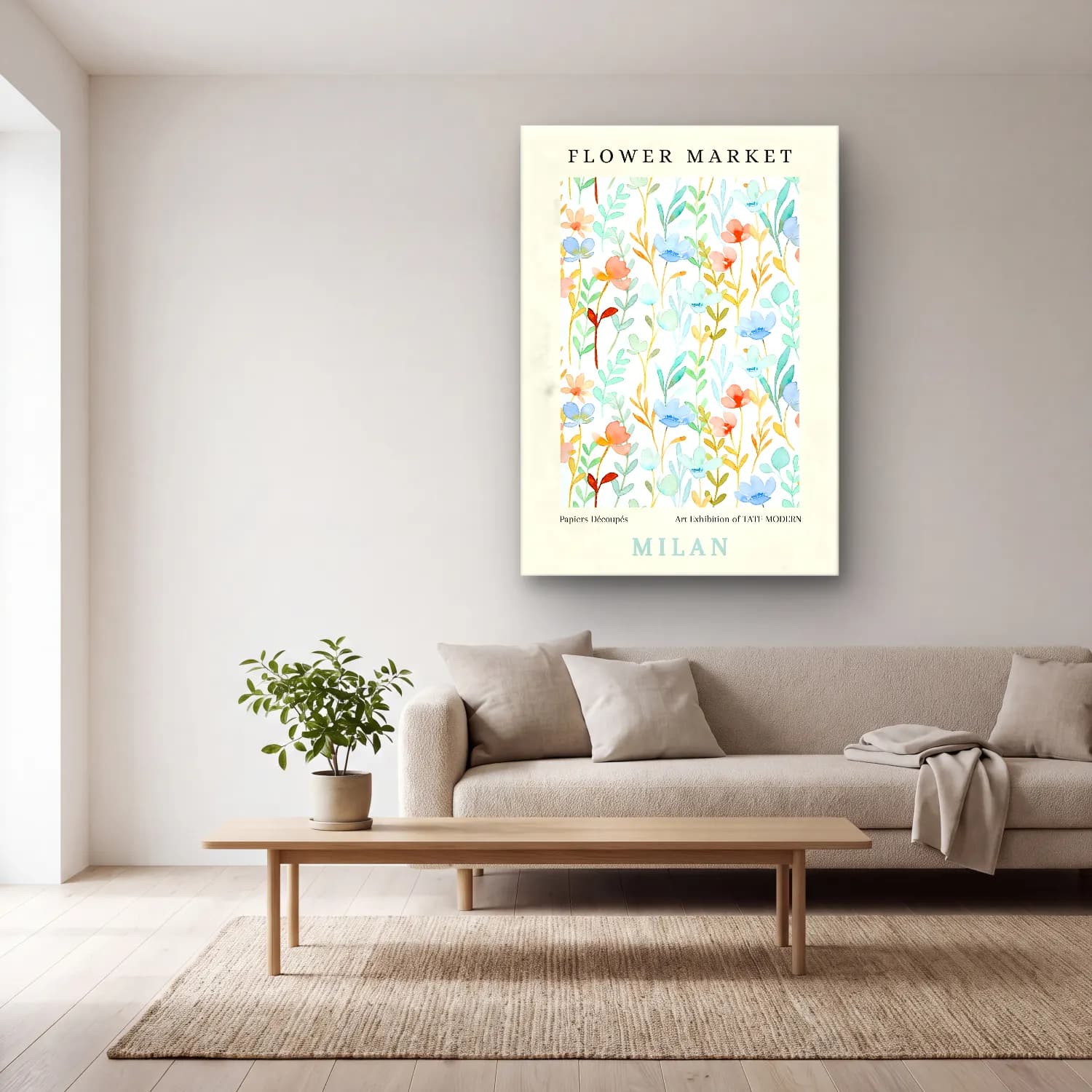 Pastel Çiçek Deseni No. 60 cam tablo — açık renk salonda