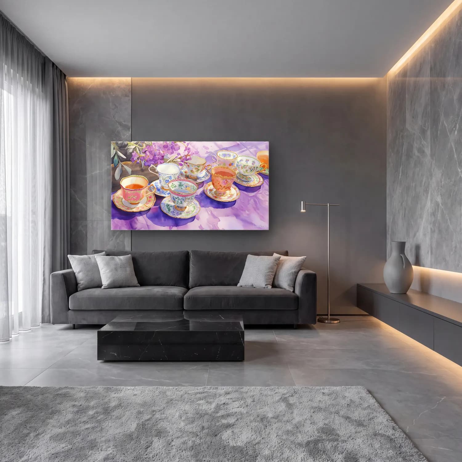 Pastel Demlik ve Fincanlar No. 4 cam tablo — lüks salon duvarında