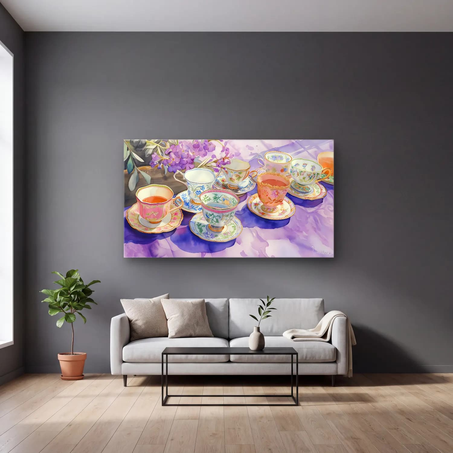 Pastel Demlik ve Fincanlar No. 4 cam tablo — gri duvarlı salonda