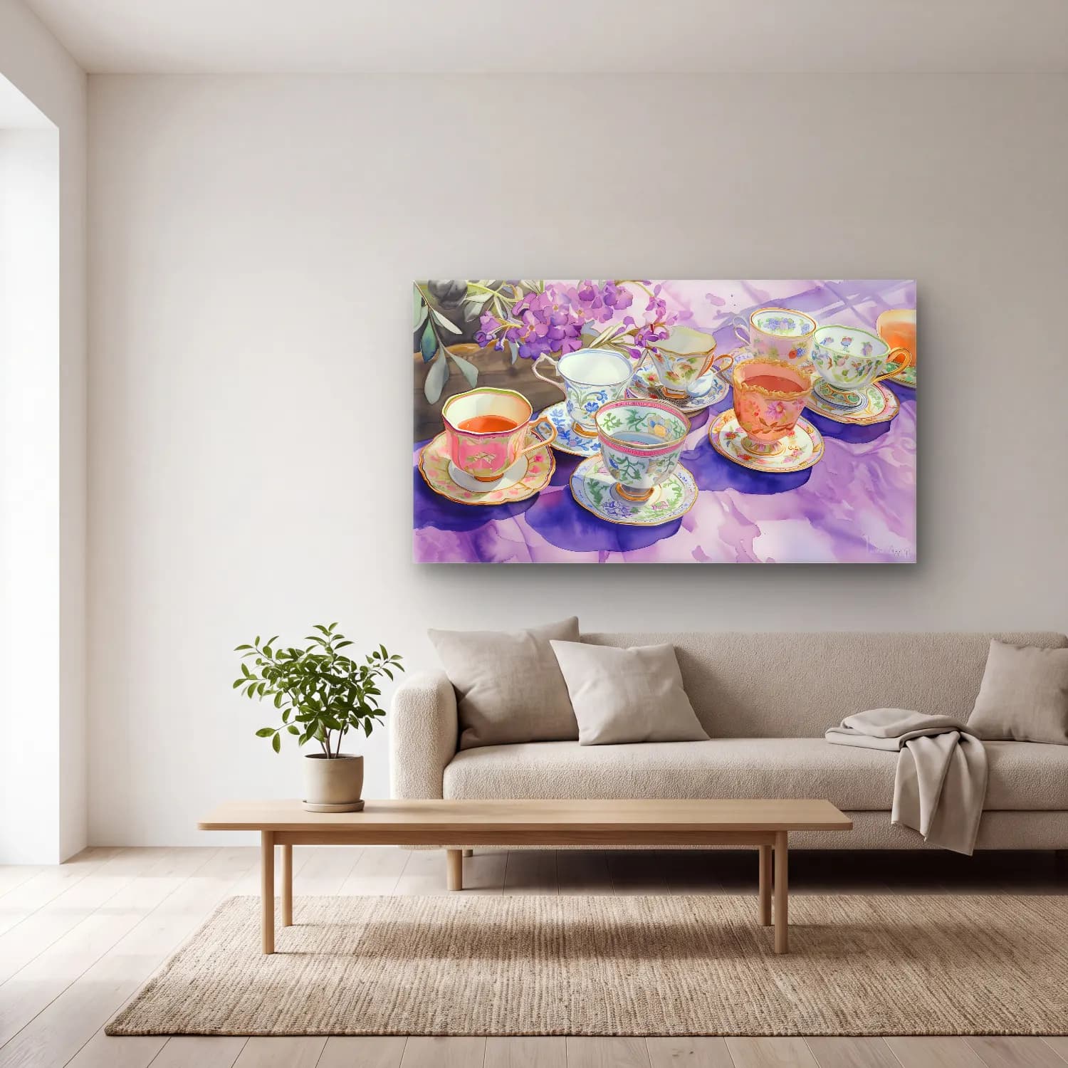 Pastel Demlik ve Fincanlar No. 4 cam tablo — açık renk salonda