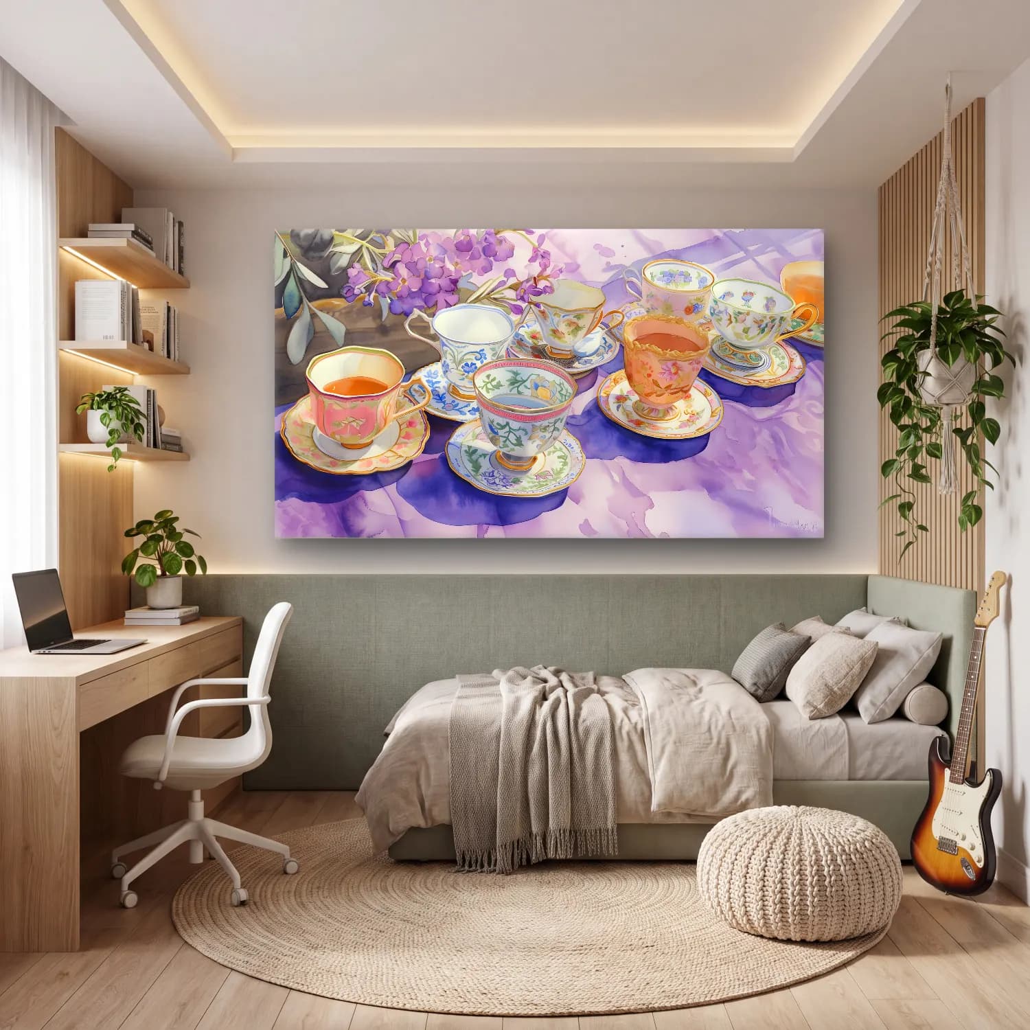 Pastel Demlik ve Fincanlar No. 4 cam tablo — genç odasında