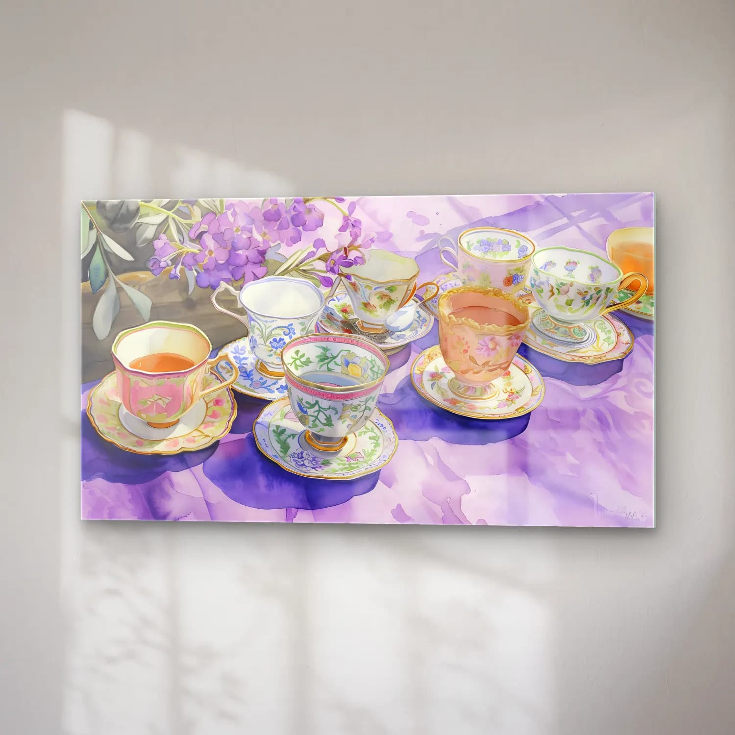 Pastel Demlik ve Fincanlar No. 4 cam tablo — sağ açıdan görünüm