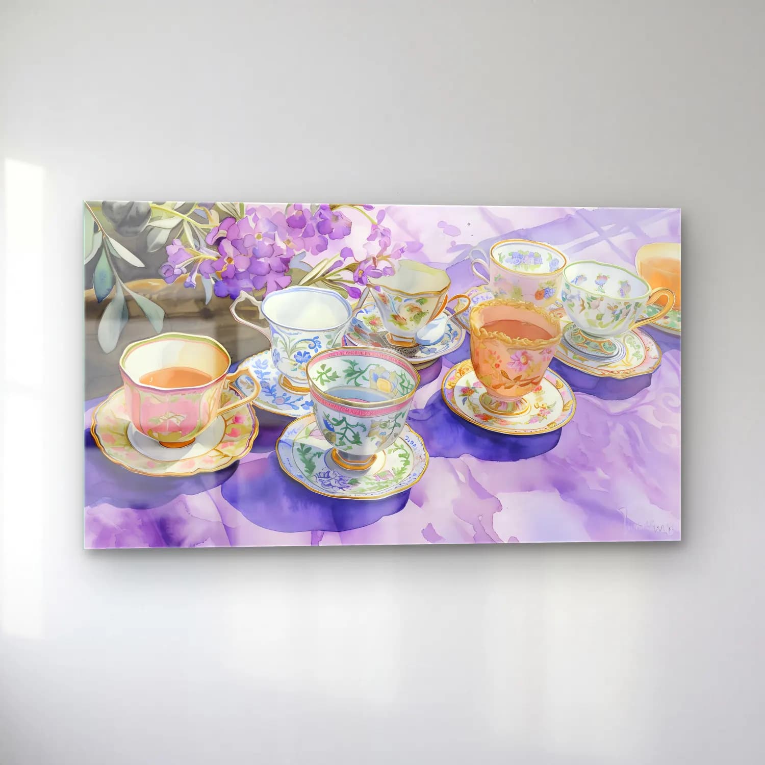 Pastel Demlik ve Fincanlar No. 4 cam tablo — sol açıdan görünüm