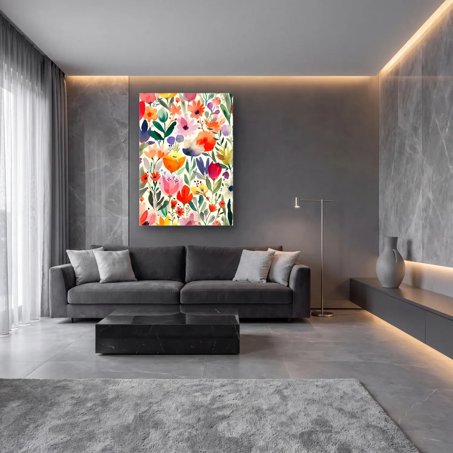 Boho Çiçek Deseni – Pastel Tonlar cam tablo — lüks salon duvarında