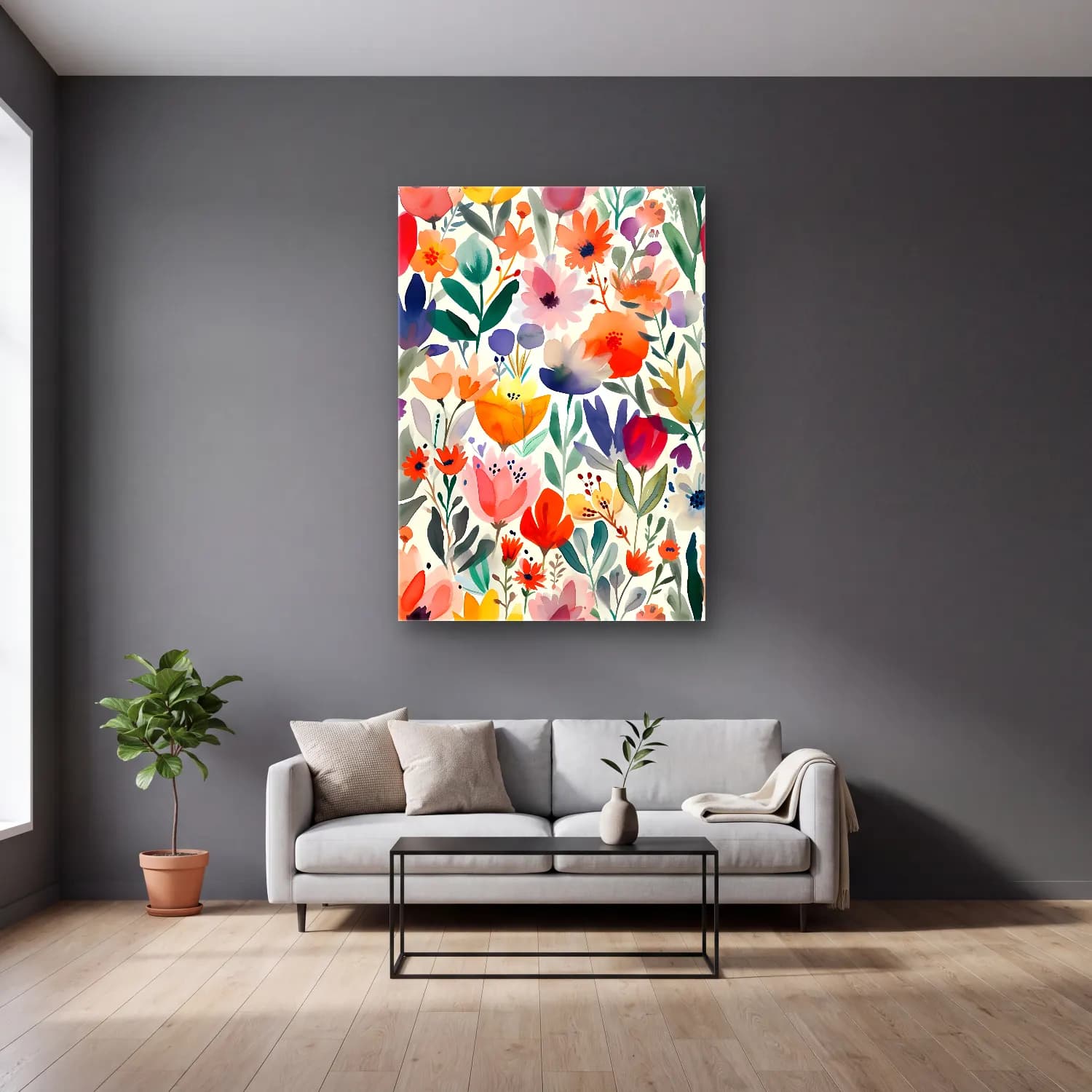 Boho Çiçek Deseni – Pastel Tonlar cam tablo — gri duvarlı salonda