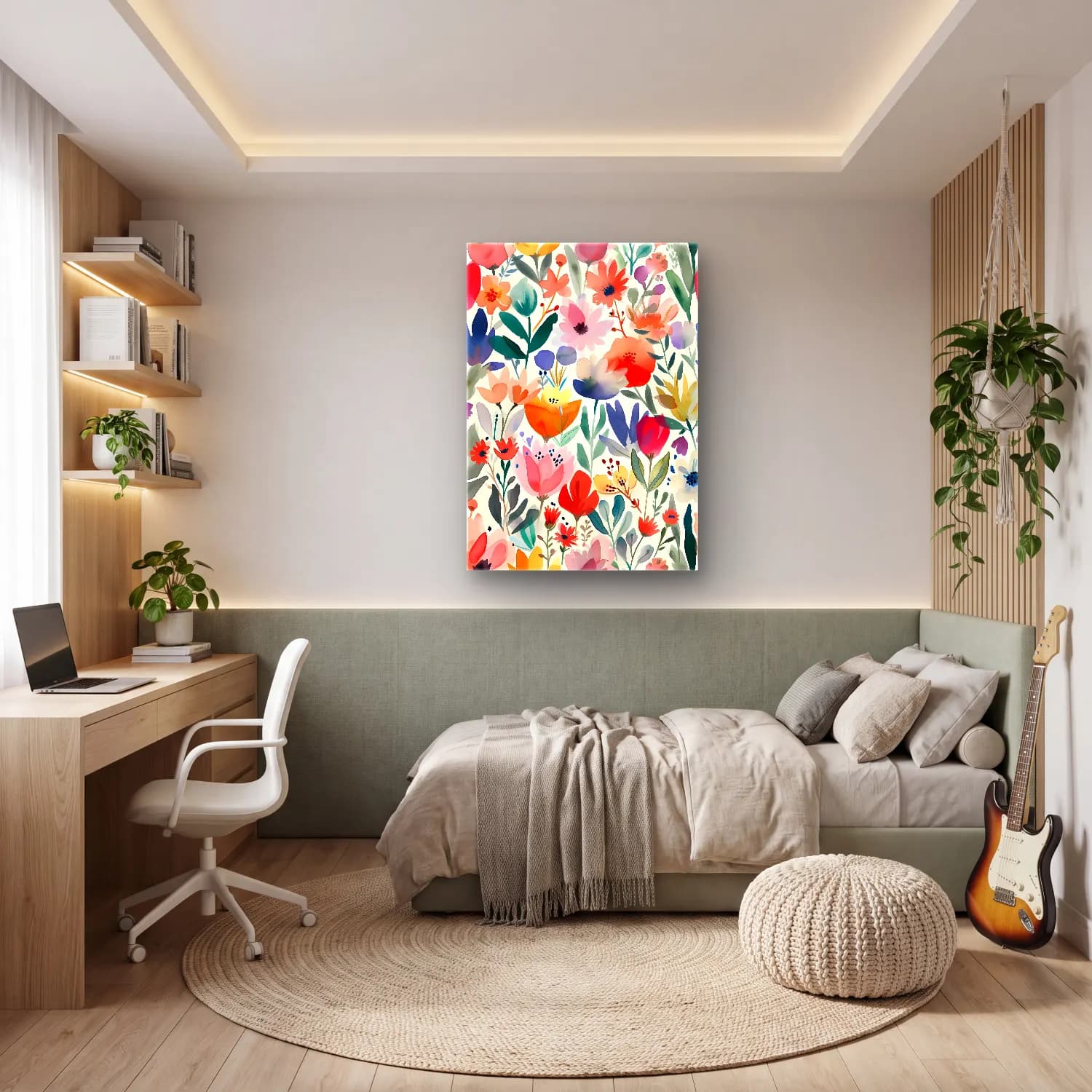 Boho Çiçek Deseni – Pastel Tonlar cam tablo — genç odasında