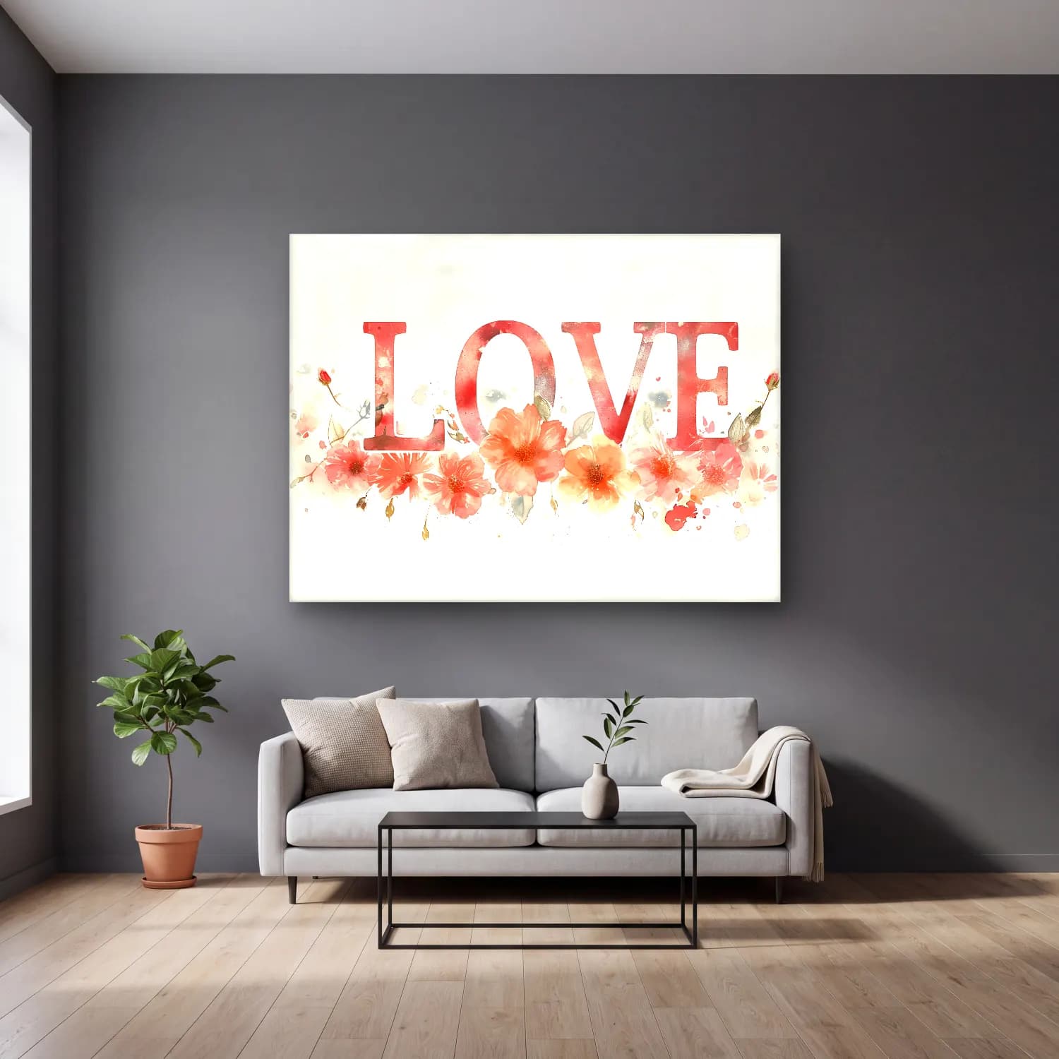 Pastel Çiçek Deseni No. 203 cam tablo — gri duvarlı salonda
