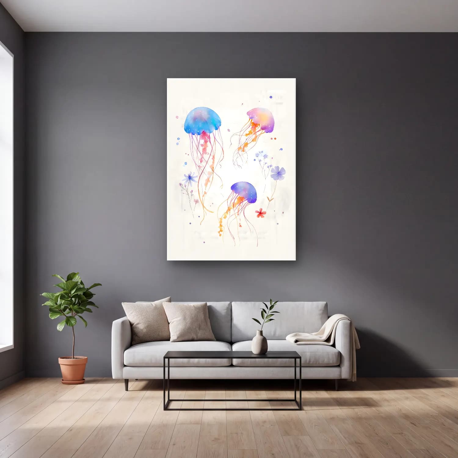 Pastel Denizanası No. 6 cam tablo — gri duvarlı salonda
