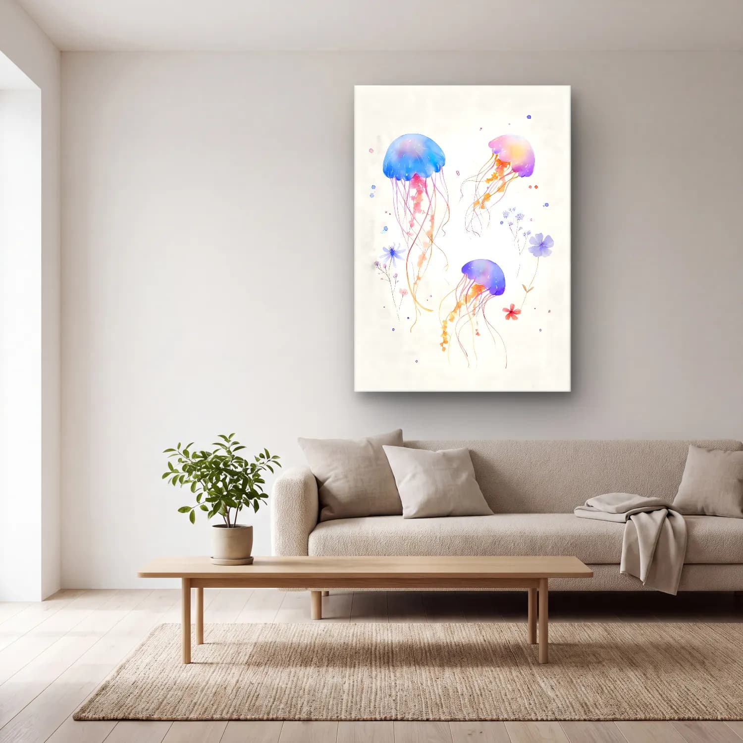 Pastel Denizanası No. 6 cam tablo — açık renk salonda