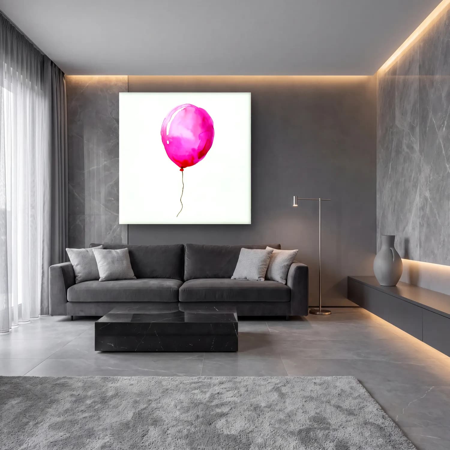 Suluboya Sıcak Hava Balonu No. 7 cam tablo — lüks salon duvarında