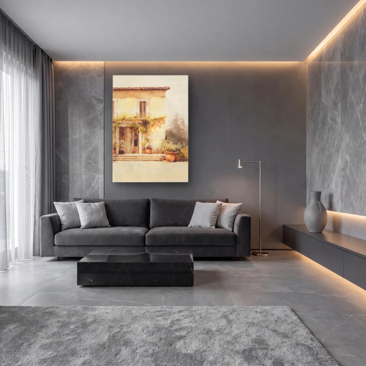 Suluboya Kır Evi No. 29 cam tablo — lüks salon duvarında