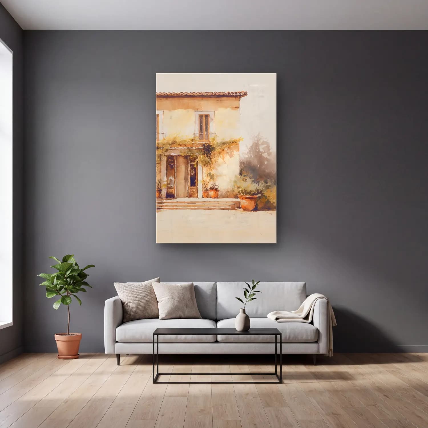 Suluboya Kır Evi No. 29 cam tablo — gri duvarlı salonda