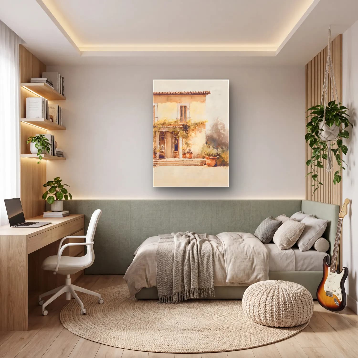 Suluboya Kır Evi No. 29 cam tablo — genç odasında