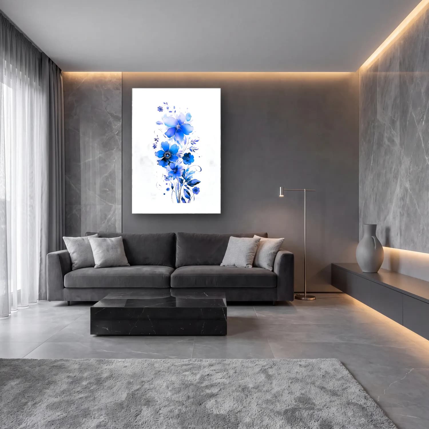 Suluboya Çiçek Deseni No. 15 cam tablo — lüks salon duvarında