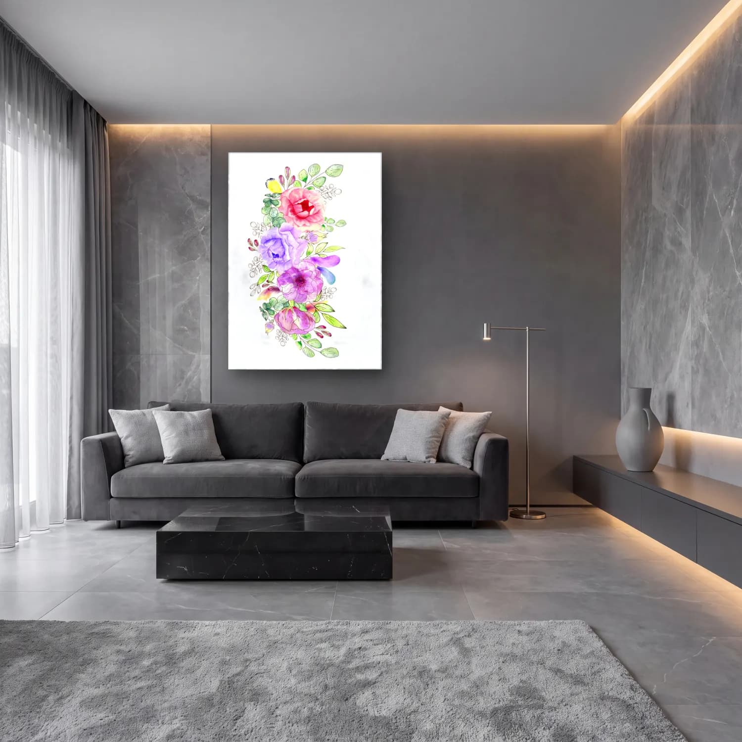 Suluboya Çiçek Deseni – Pastel Tonlar cam tablo — lüks salon duvarında