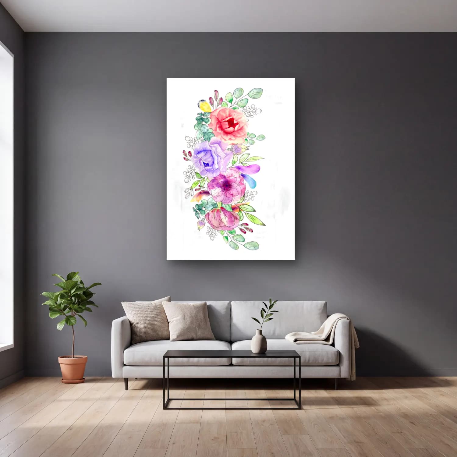 Suluboya Çiçek Deseni – Pastel Tonlar cam tablo — gri duvarlı salonda