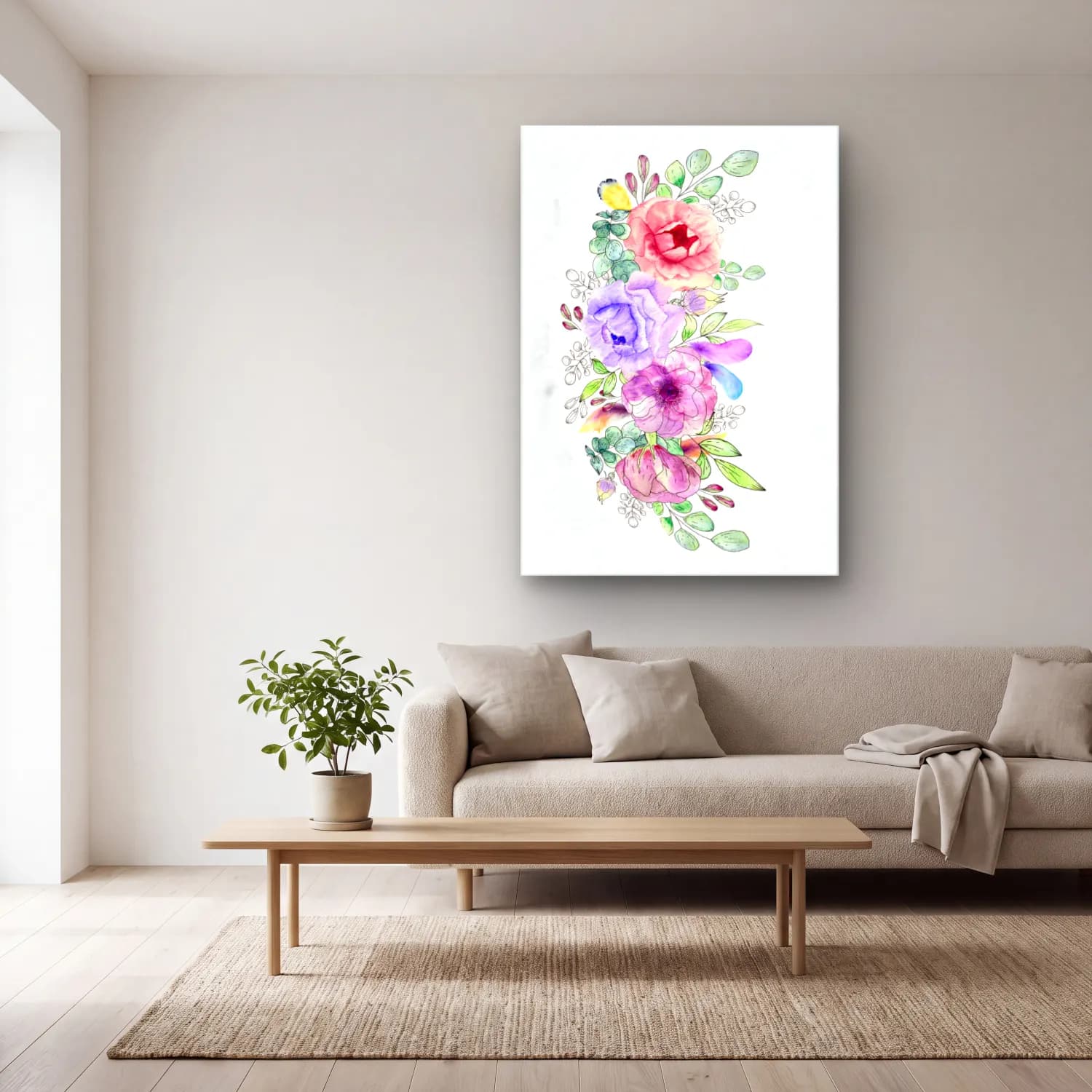 Suluboya Çiçek Deseni – Pastel Tonlar cam tablo — açık renk salonda