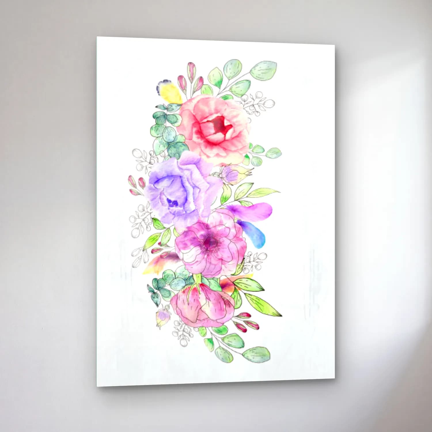 Suluboya Çiçek Deseni – Pastel Tonlar cam tablo — sol açıdan görünüm