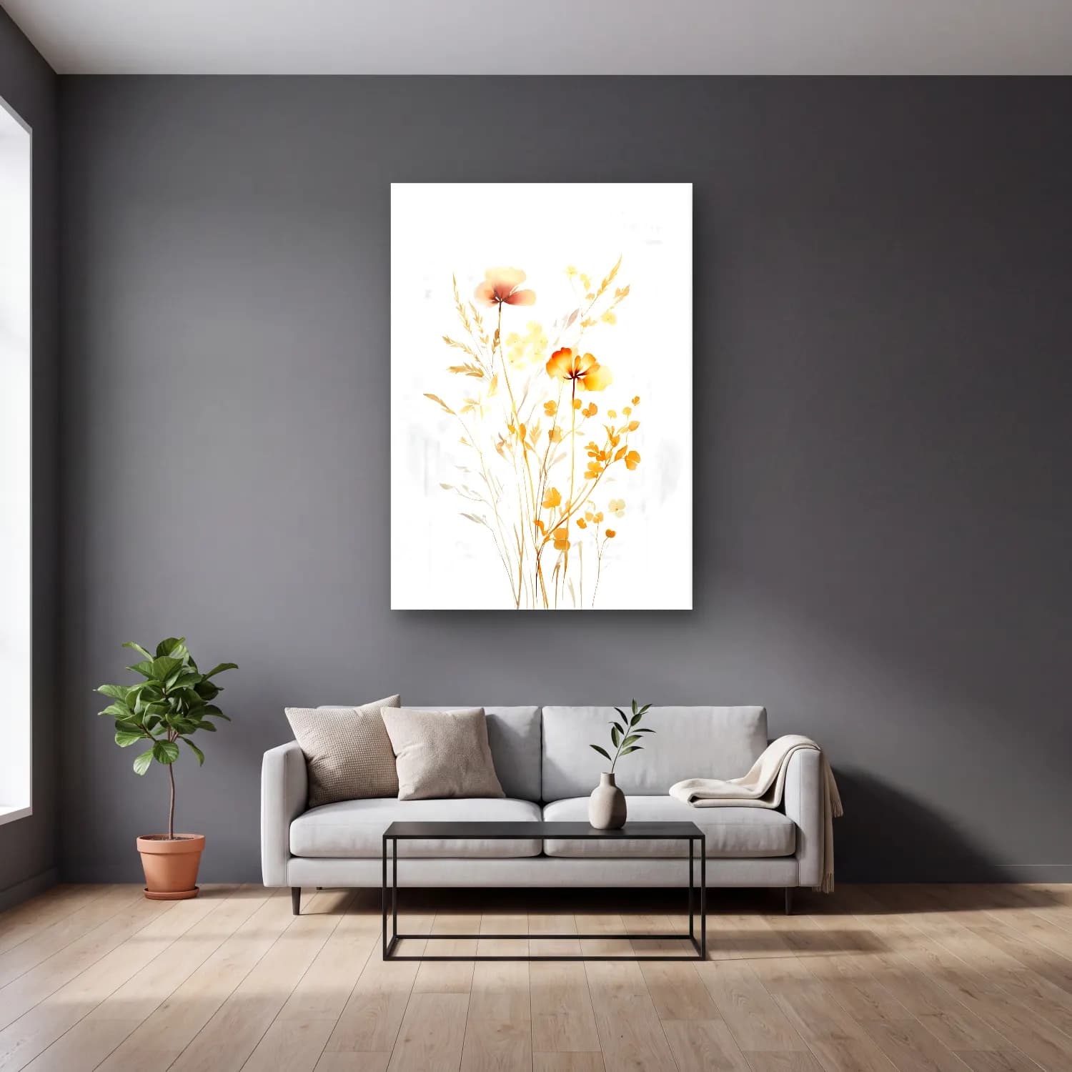 Botanik İllüstrasyon Kır Çiçekleri No. 105 cam tablo — gri duvarlı salonda