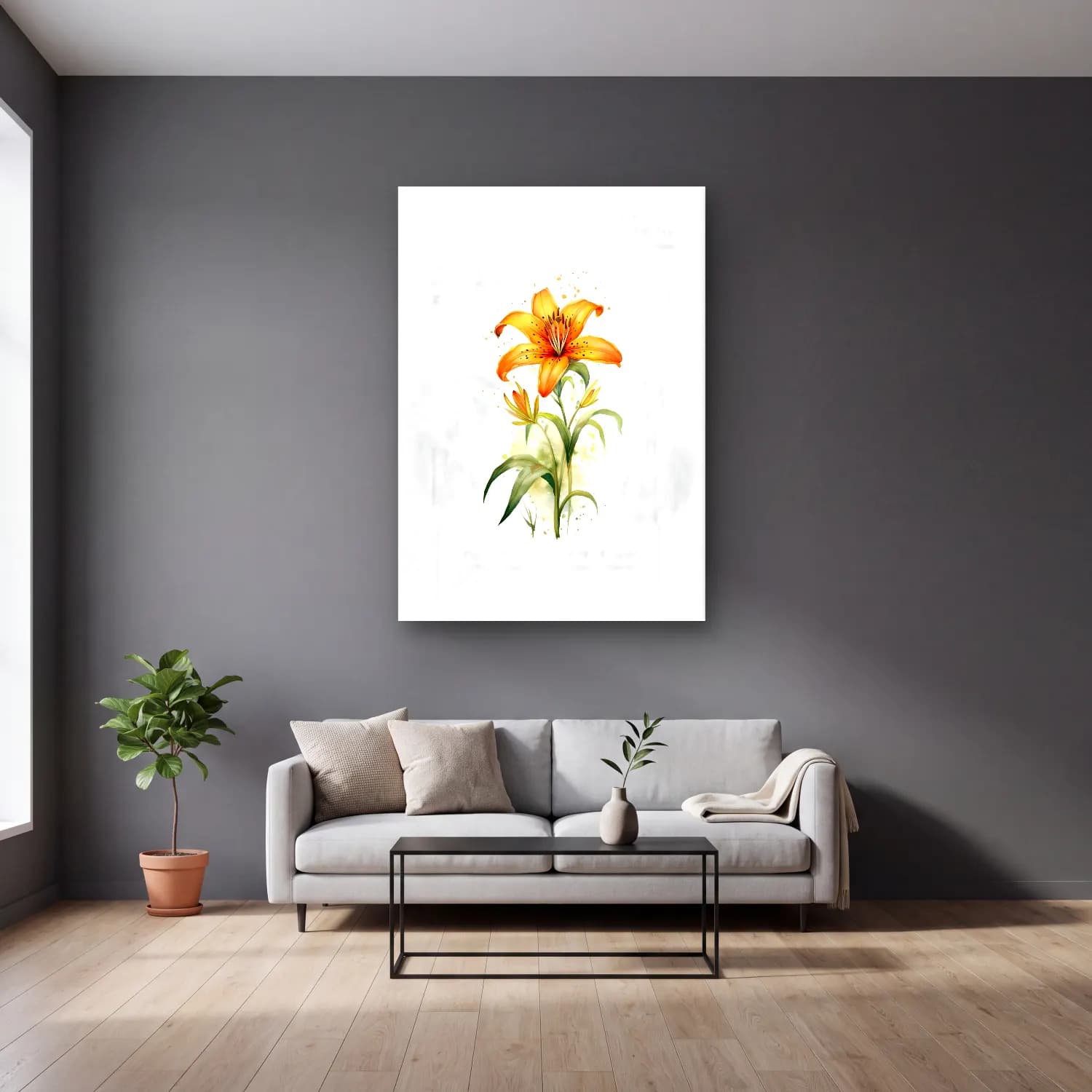 Botanik İllüstrasyon Zambaklar No. 40 cam tablo — gri duvarlı salonda