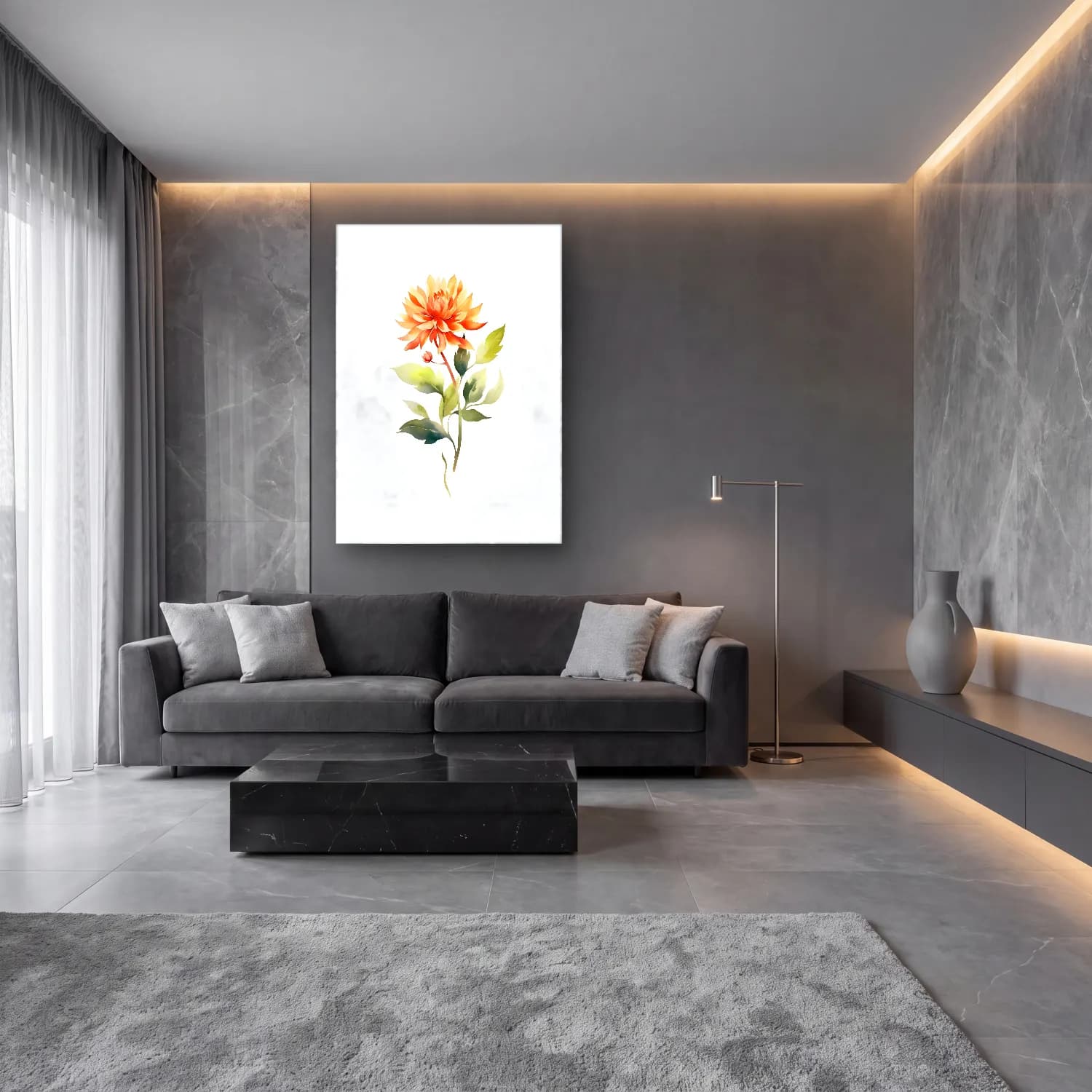 Suluboya Çiçek Deseni No. 18 cam tablo — lüks salon duvarında