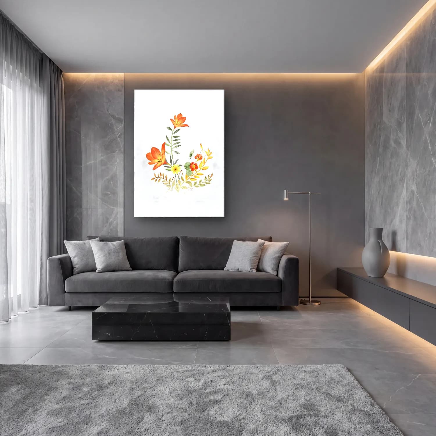 Botanik İllüstrasyon Çiçek Deseni No. 199 cam tablo — lüks salon duvarında
