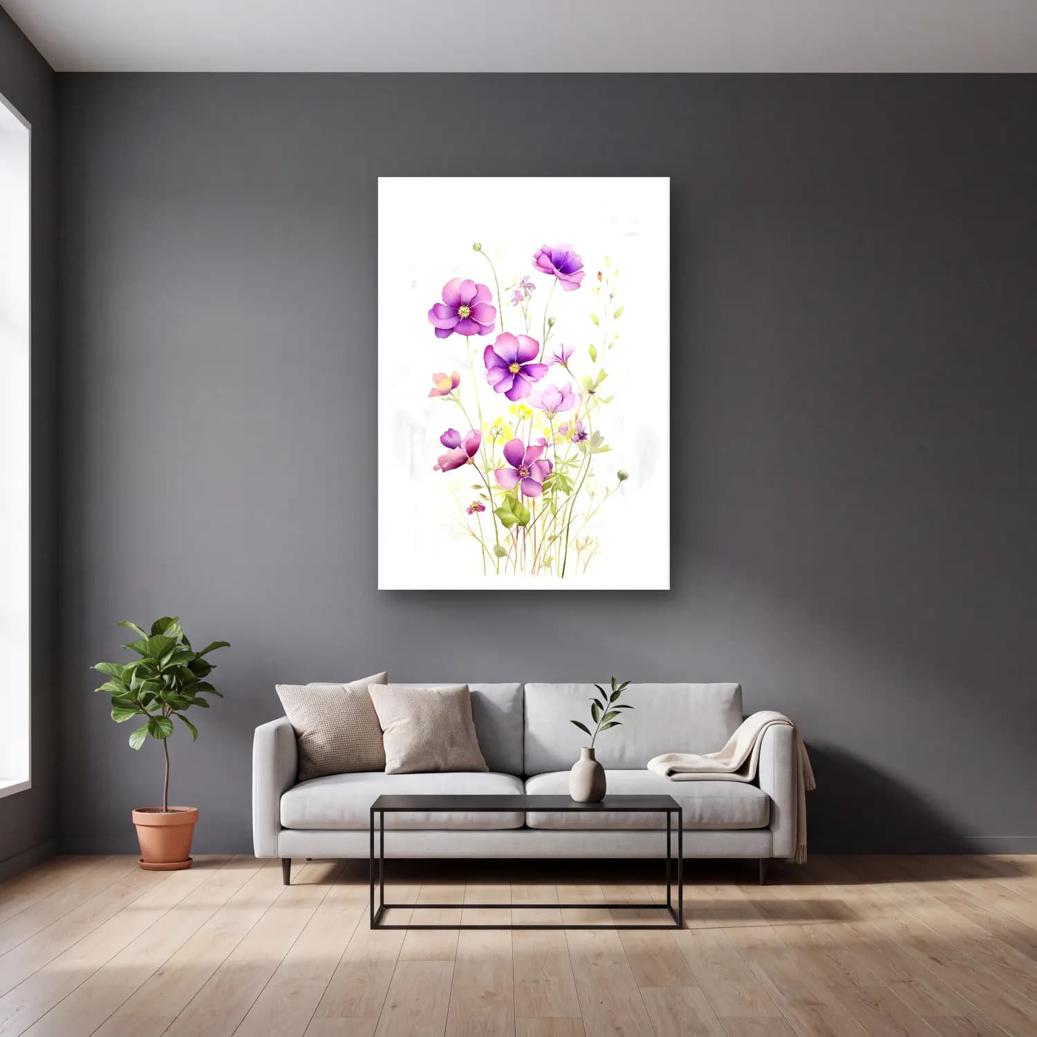 Botanik İllüstrasyon Kır Çiçekleri No. 112 cam tablo — gri duvarlı salonda