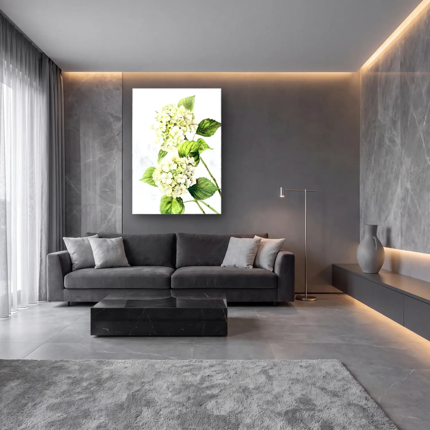Botanik İllüstrasyon Ortancalar – Pastel Tonlar cam tablo — lüks salon duvarında