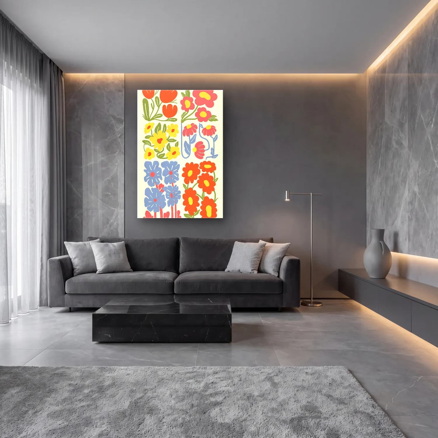 Pastel Çiçek Deseni cam tablo — lüks salon duvarında