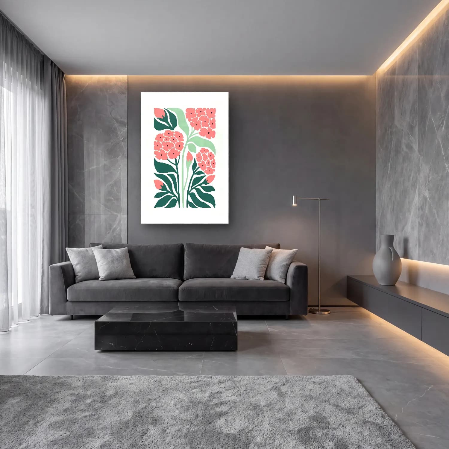 Pastel Çiçek Deseni – Pembe Tonlar cam tablo — lüks salon duvarında